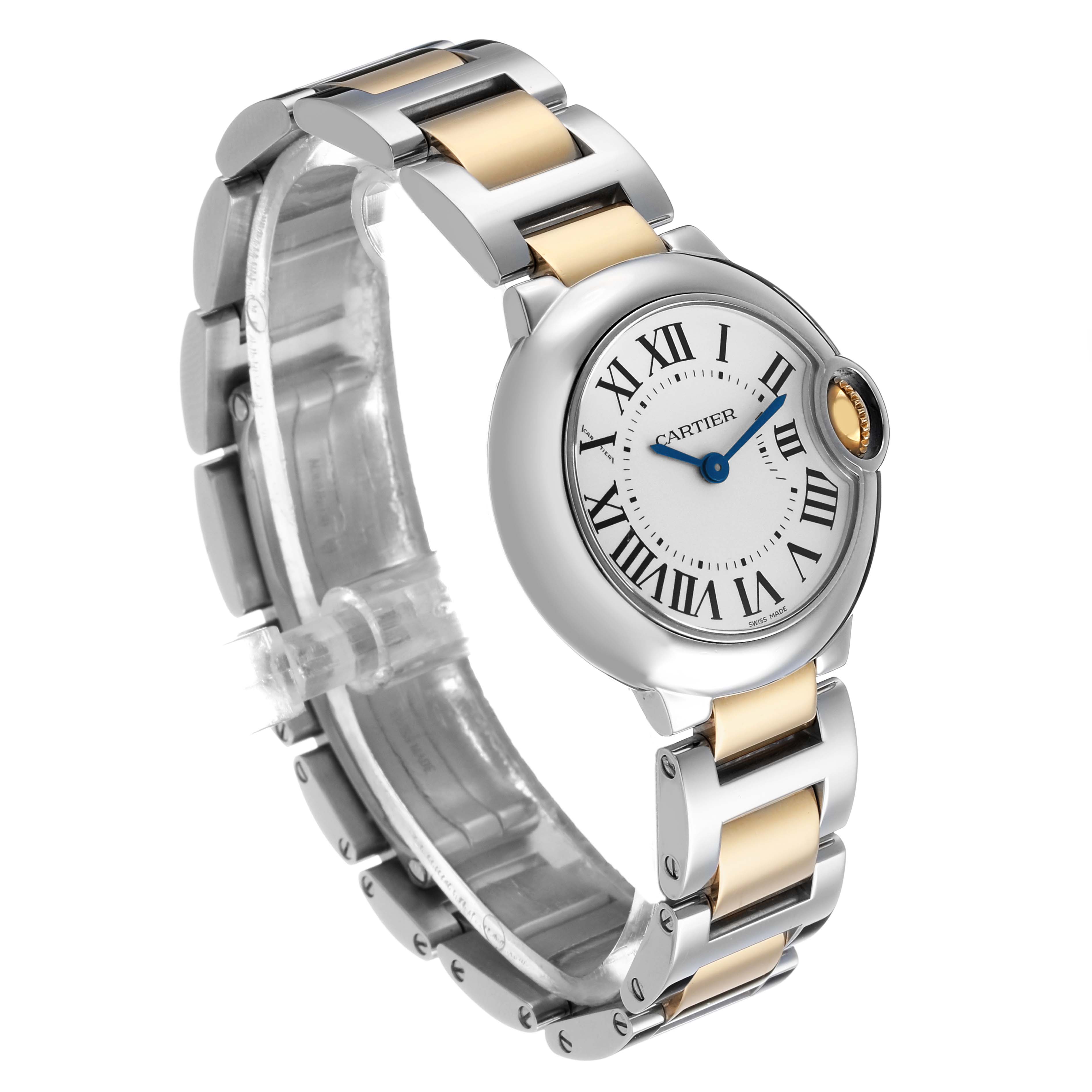 The image shows a Cartier Ballon Bleu W69007Z3 Women's Steel and Gold (two tone) Silver Dial watch at a three-quarter angle, highlighting the face, Roman numerals, and two-tone bracelet.