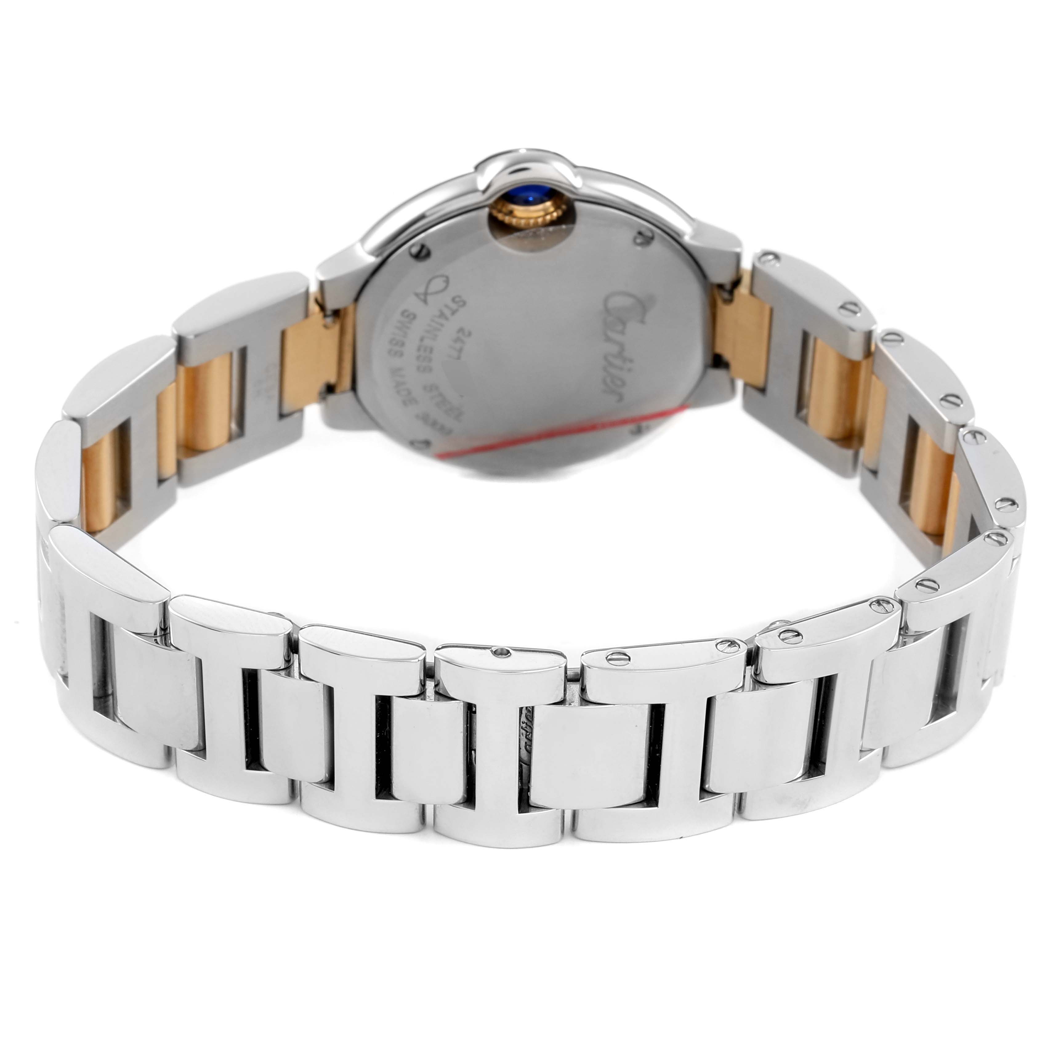 The Cartier Ballon Bleu W69007Z3 Women's Steel and Gold (two tone) Silver Dial watch is shown from the rear angle, highlighting the bracelet and case back.