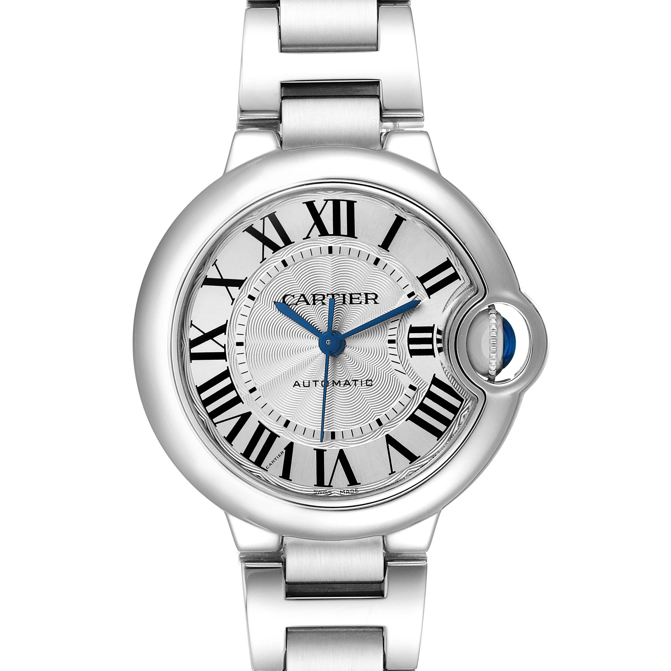 The Cartier Ballon Bleu W6920071 Women's Stainless Steel Silver Dial watch is shown from a top view, highlighting the dial, Roman numerals, blued hands, and crown.
