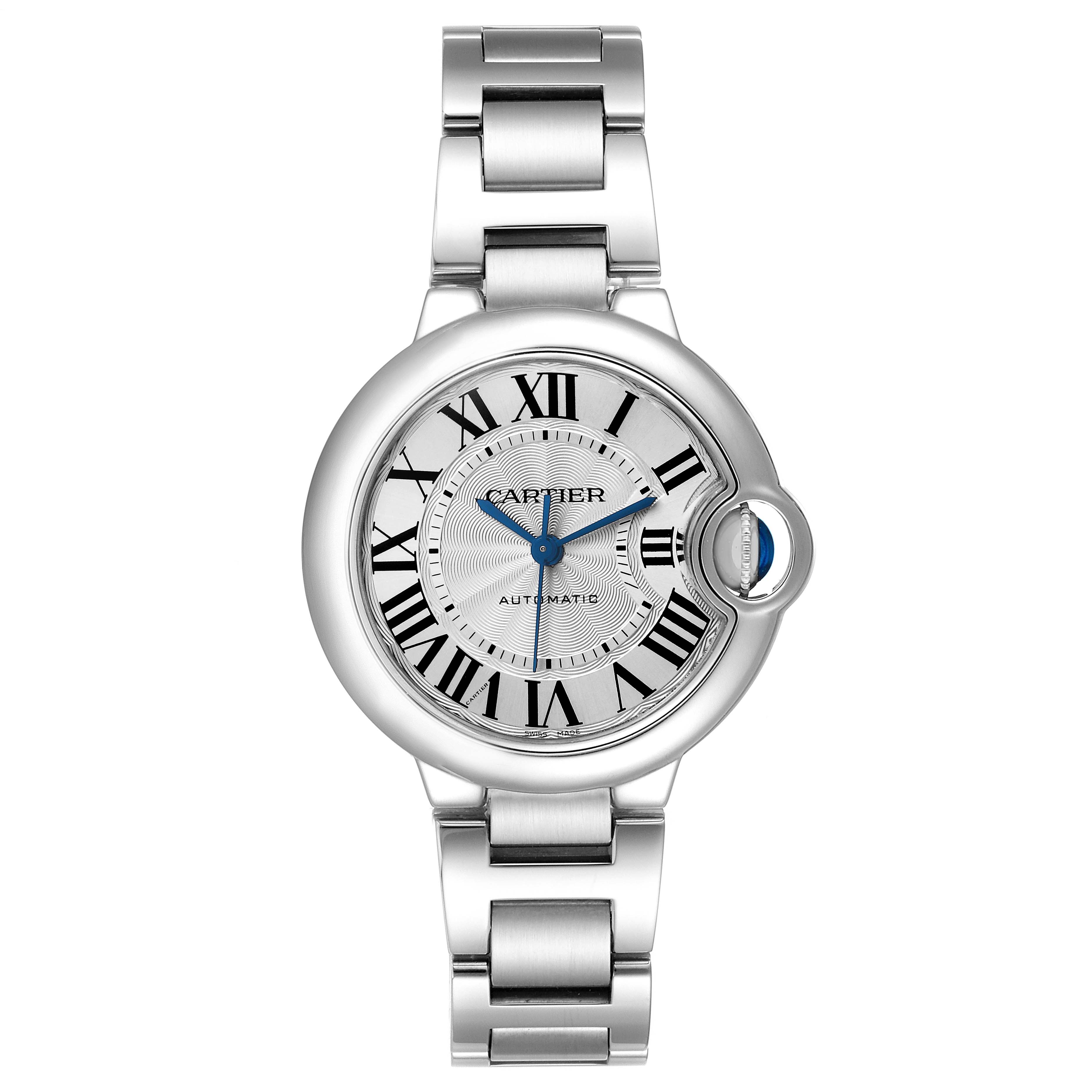 The Cartier Ballon Bleu W6920071 Women's Stainless Steel Silver Dial watch is shown from a top-down angle, highlighting its round face, Roman numerals, and metal bracelet.