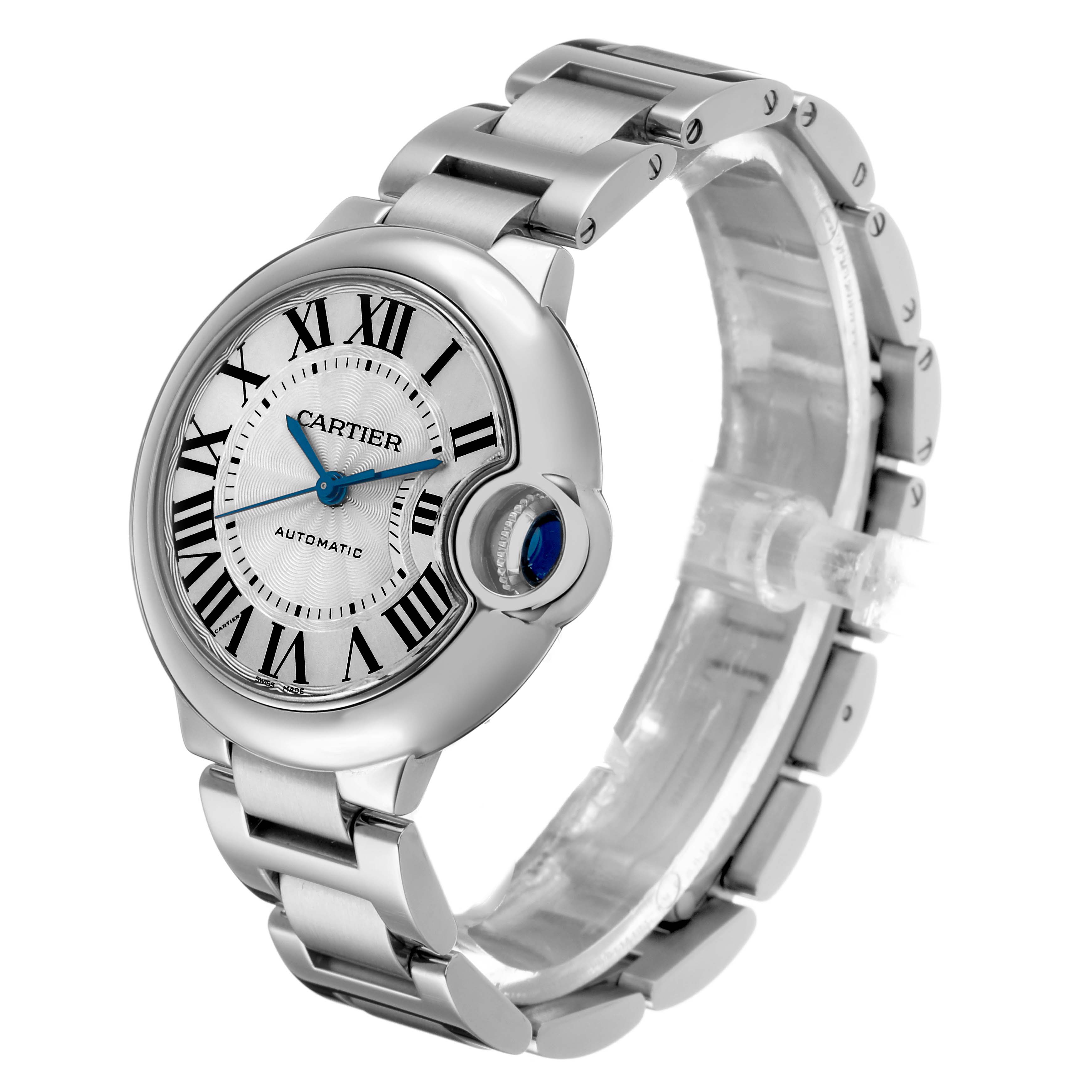 The Cartier Ballon Bleu W6920071 Women's Stainless Steel Silver Dial watch is shown from a front angle, displaying its face, Roman numerals, and bracelet.