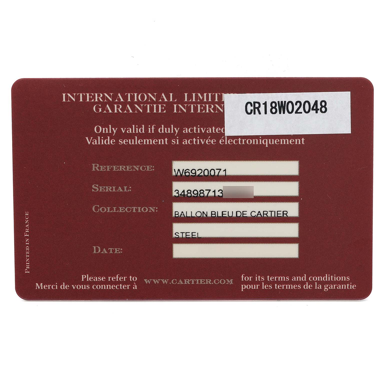 The image shows an international warranty card for a Ballon Bleu de Cartier watch, displaying reference, serial, and collection details.
