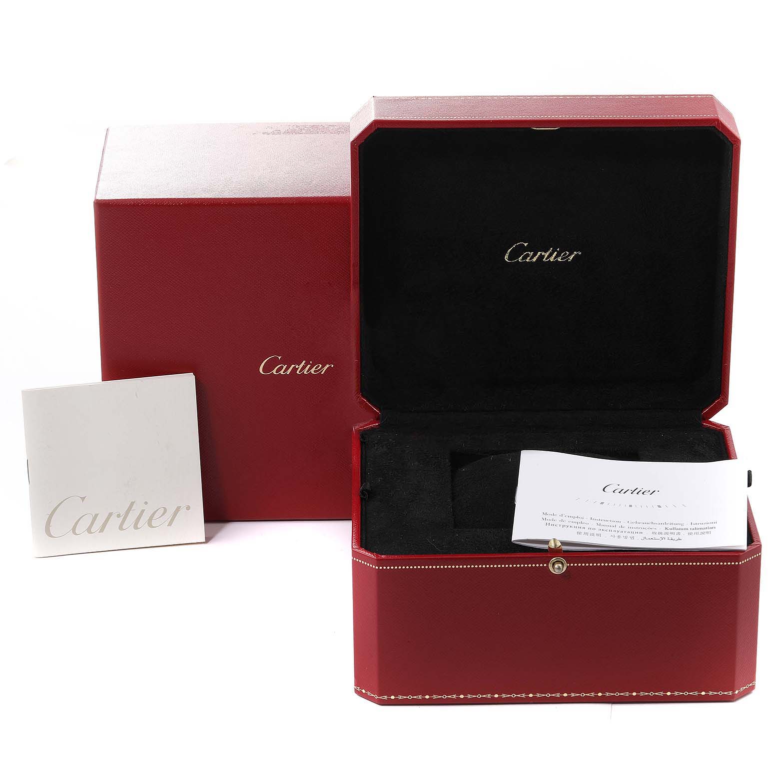 The image shows a red Cartier box and warranty card for the Ballon Bleu model watch, with the box lid open.