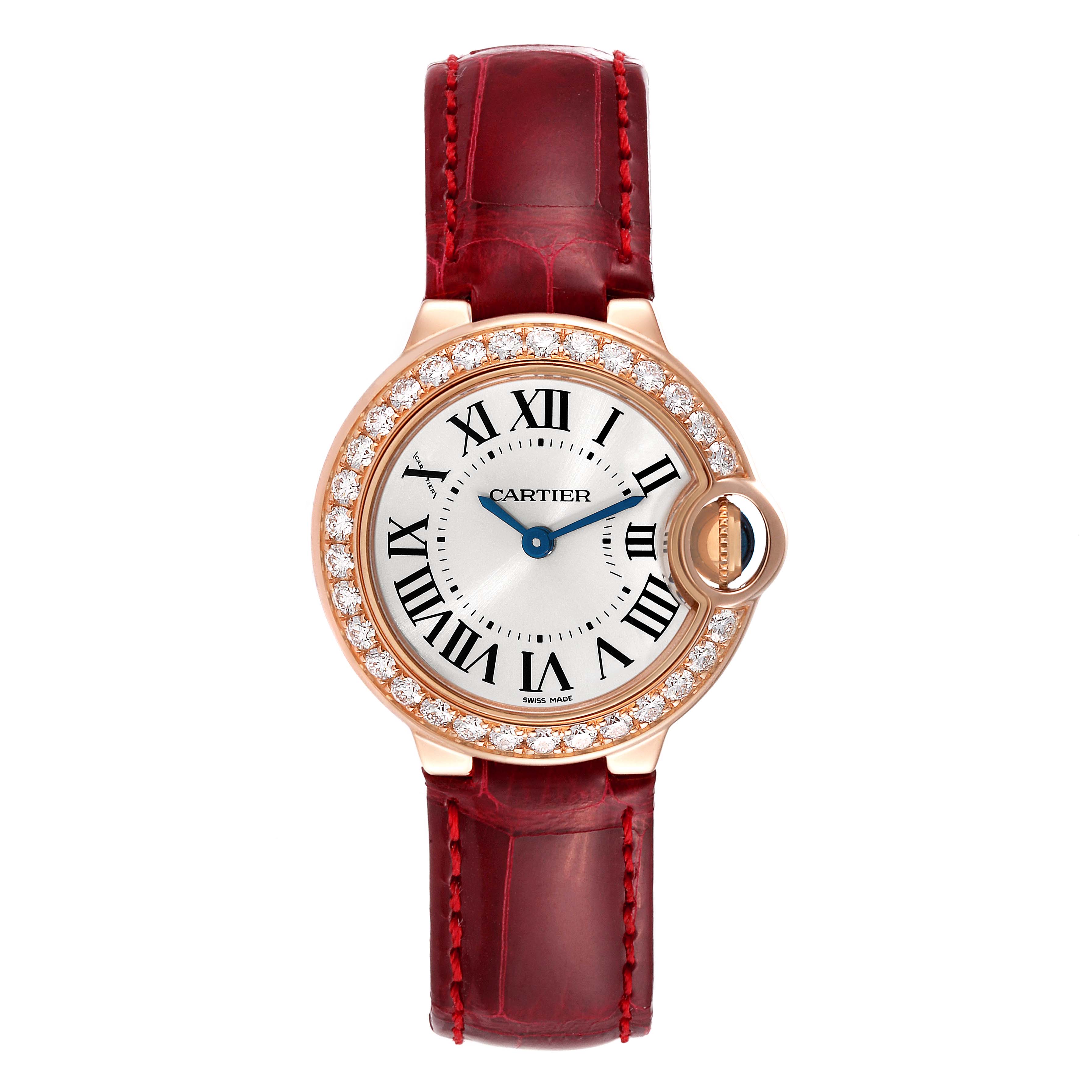 This image shows a front view of the Cartier Ballon Bleu WE900251 Women
s Rose Gold Silver Dial WE900251 Women
s Rose Gold Silver Dial watch, including the dial, bezel, and red leather strap.