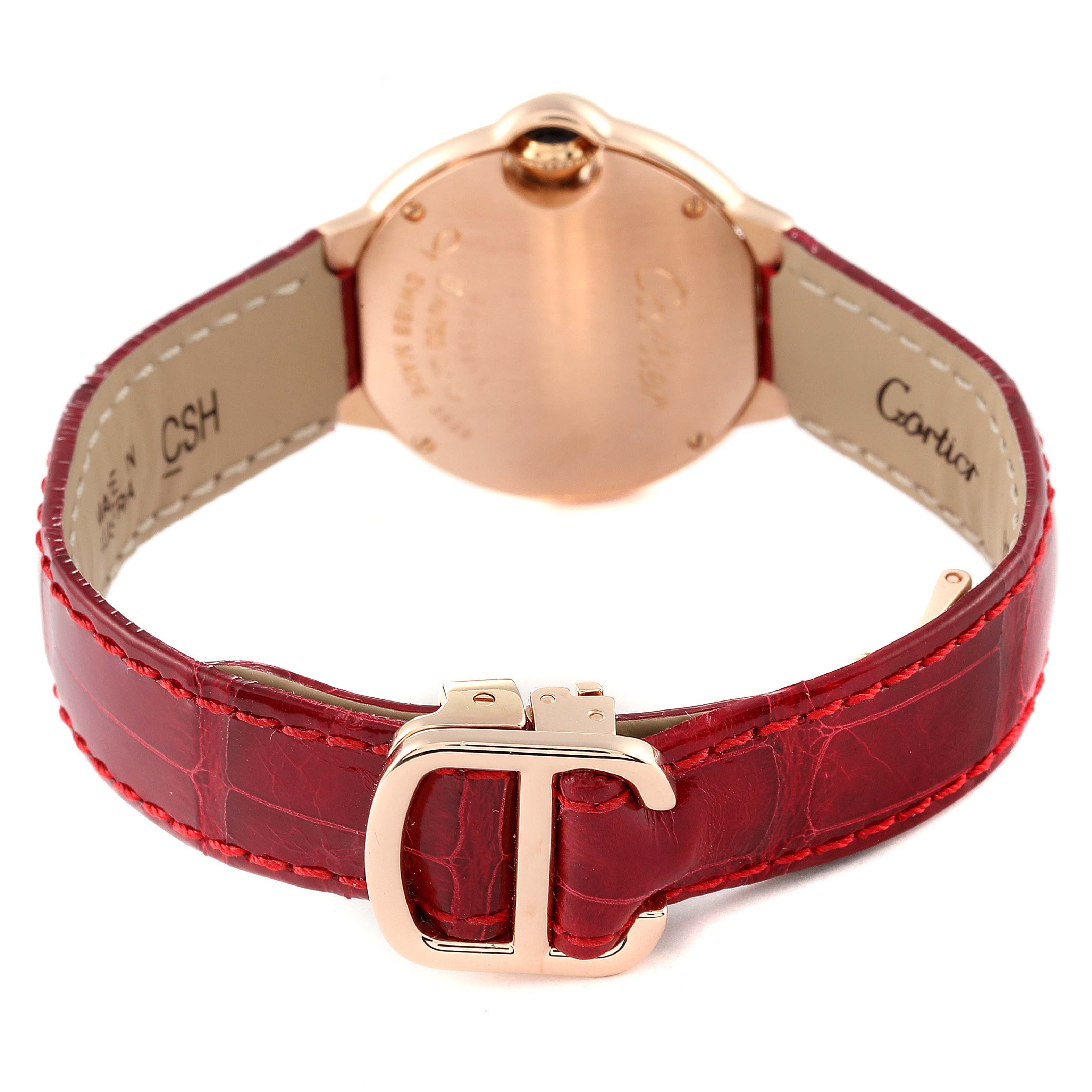 This image shows the back of a Cartier Ballon Bleu WE900251 Women
s Rose Gold Silver Dial WE900251 Women
s Rose Gold Silver Dial watch, highlighting the strap, clasp, and case back.