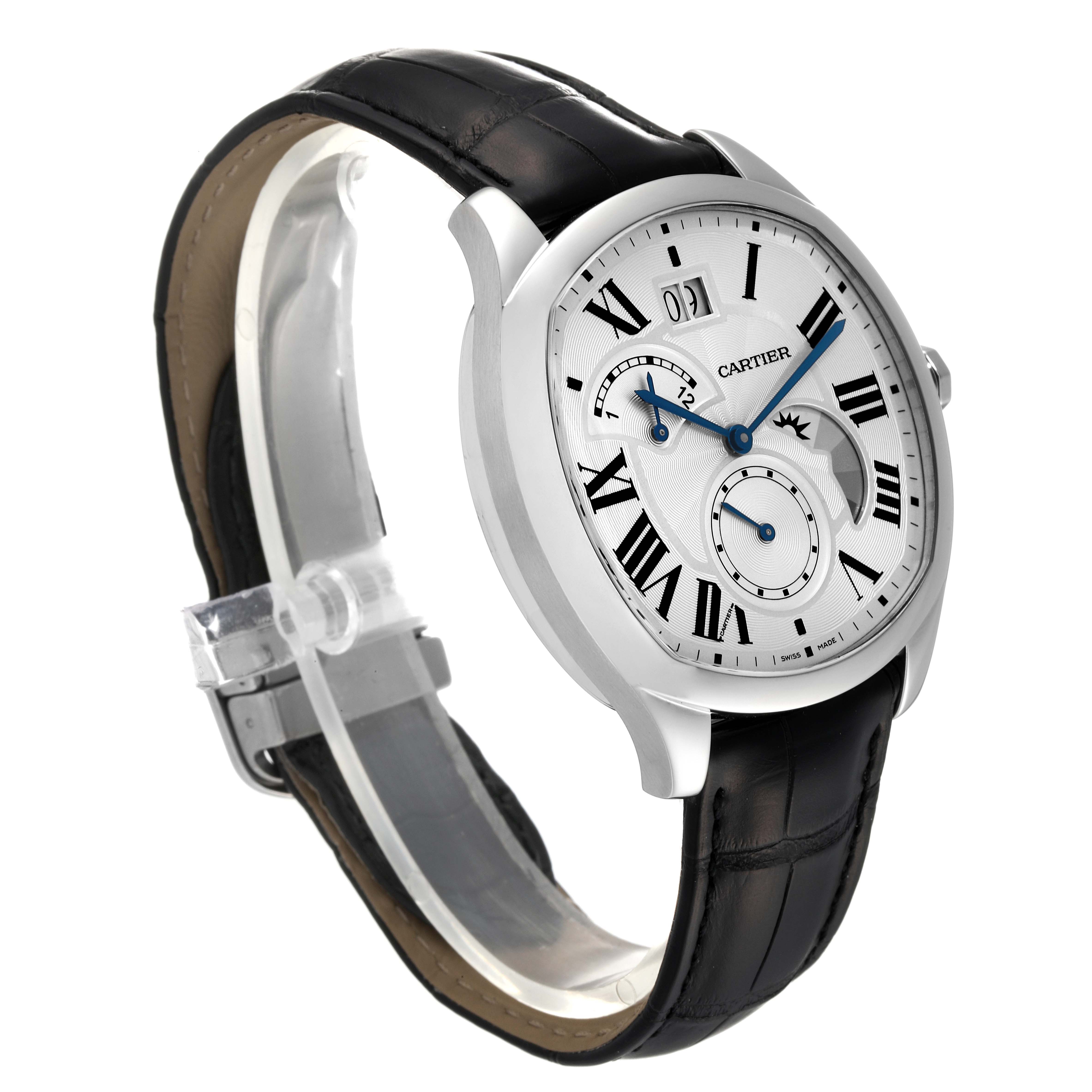 This image shows a Drive de Cartier watch by Cartier at a three-quarter angle, displaying its face, strap, and side profile.
