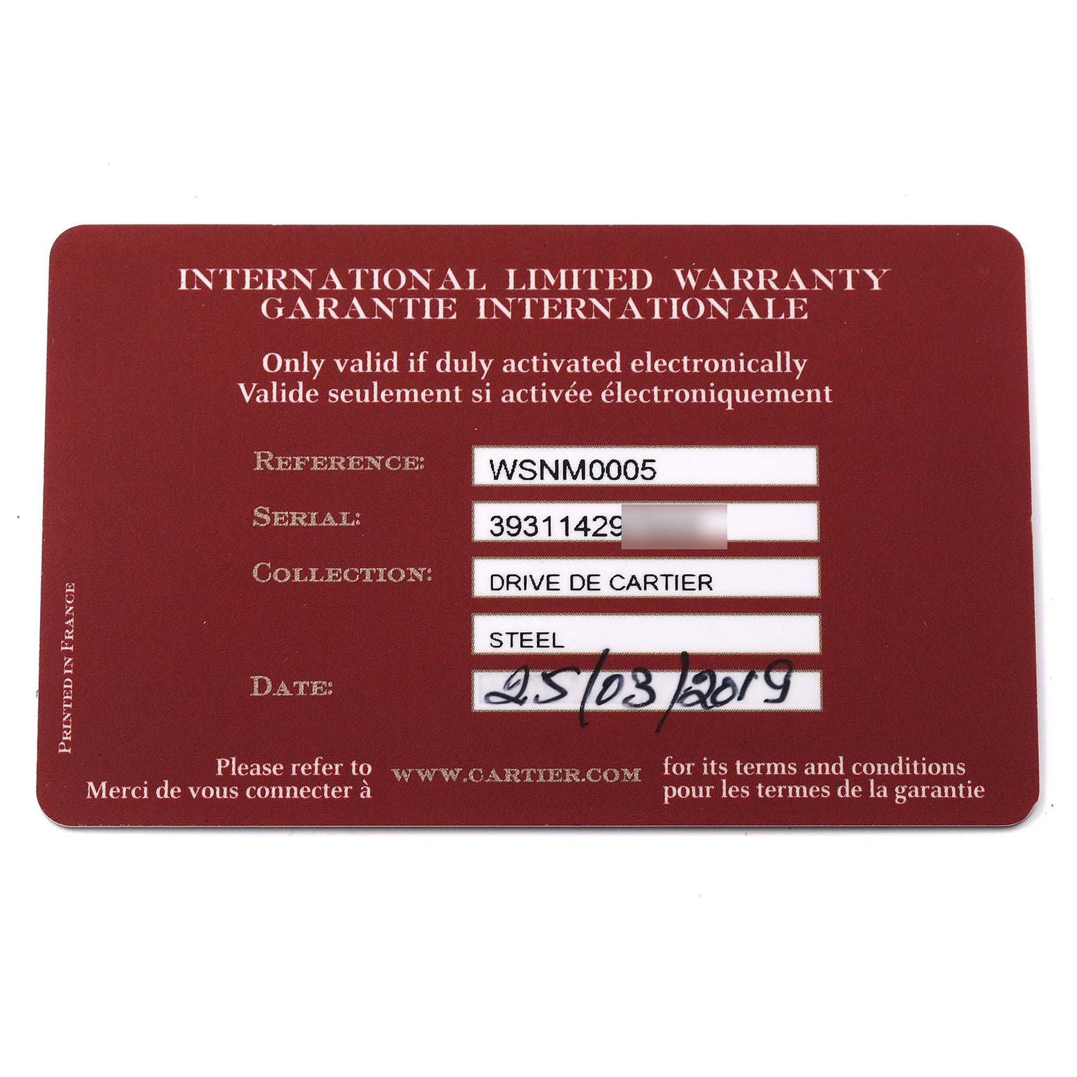 This image shows the international limited warranty card for the Drive de Cartier model by Cartier.