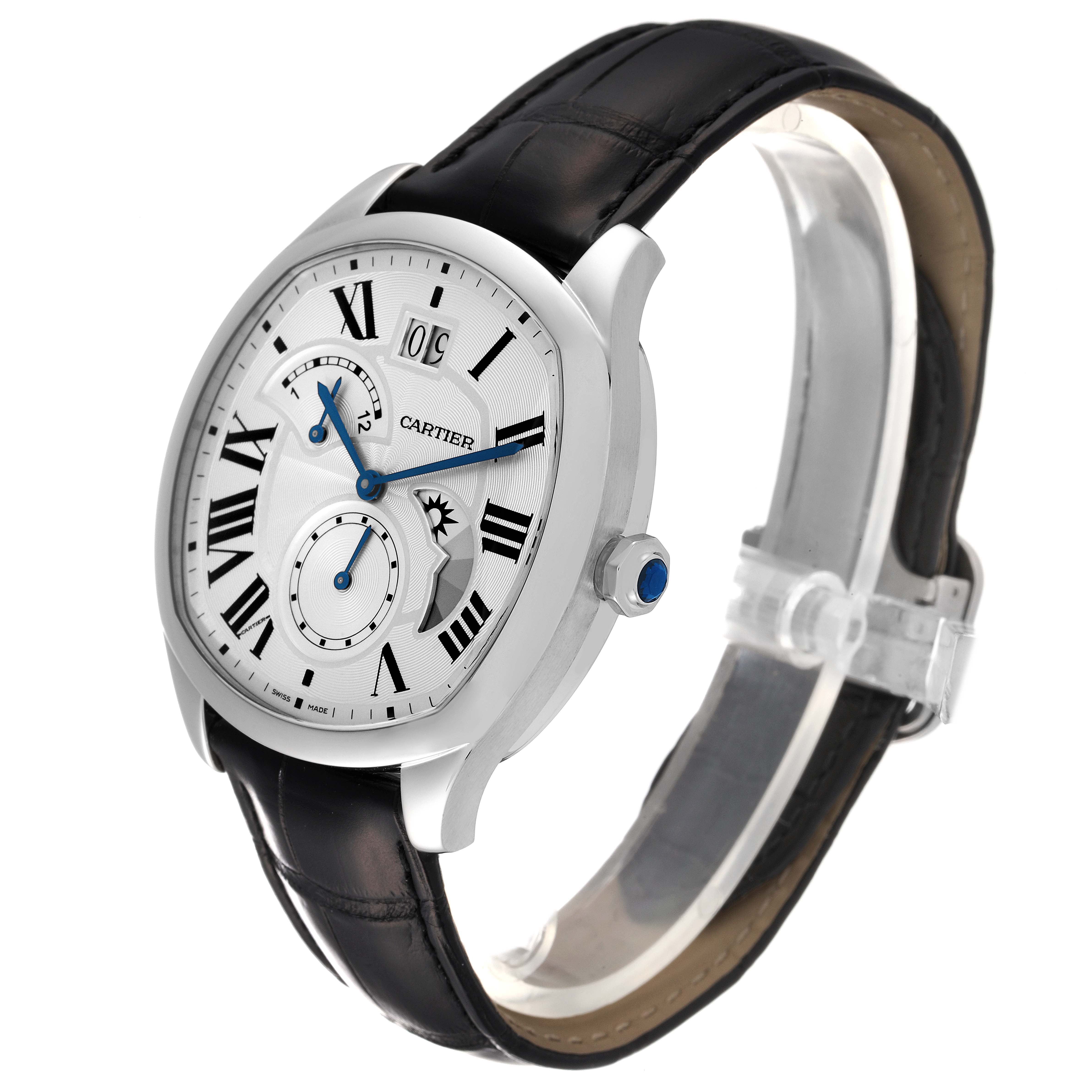 This image shows a Drive de Cartier watch by Cartier at a three-quarter angle, showcasing the face, crown, and leather strap.