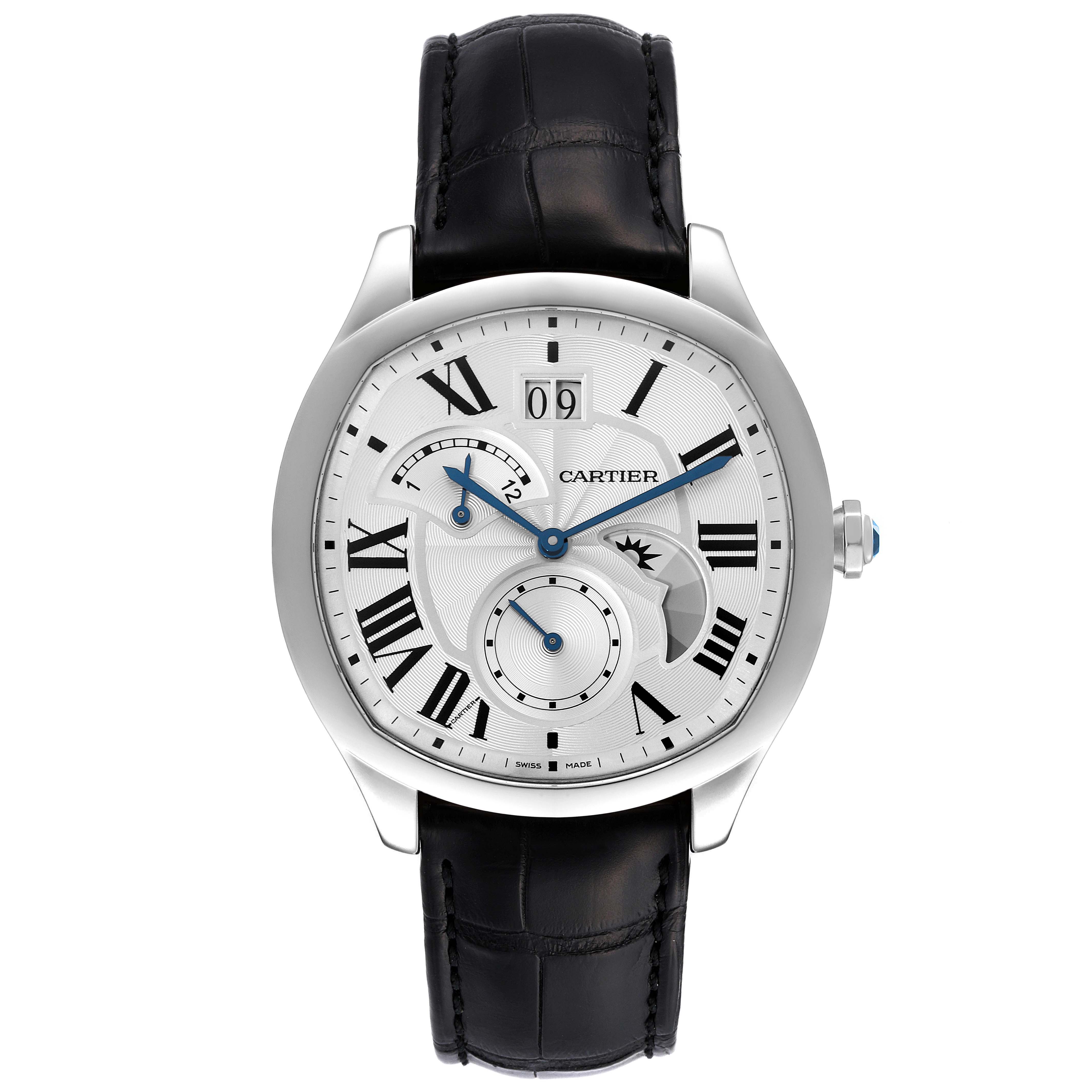 The image shows a Drive de Cartier watch by Cartier from a front angle, highlighting its dial, blue hands, Roman numerals, and black leather strap.
