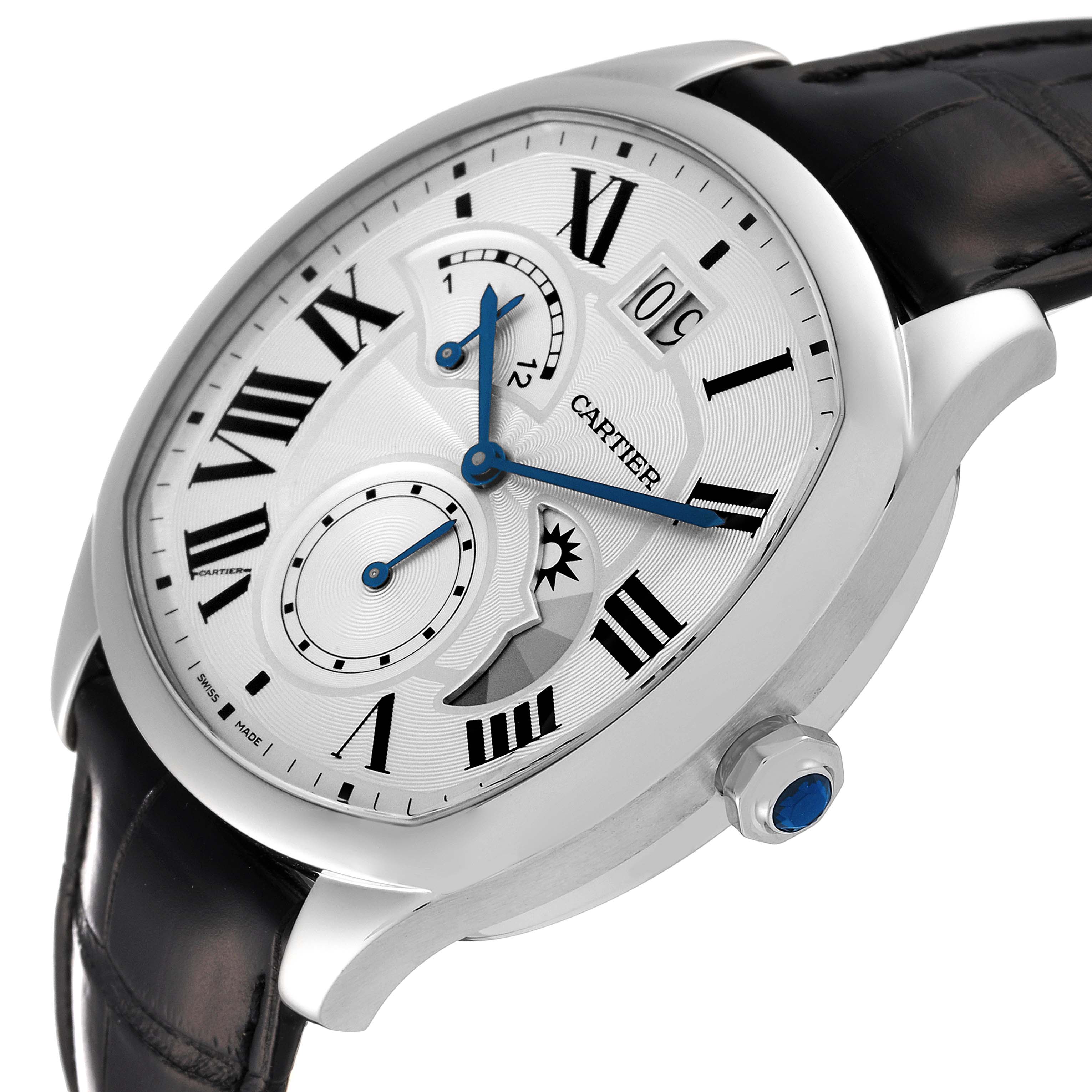 The image shows a Drive de Cartier watch by Cartier at an angle, highlighting the face, crown, and part of the leather strap.