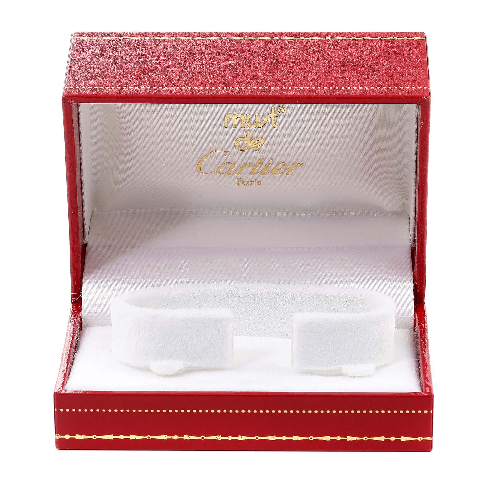 The image shows an empty red Cartier watch box with white interior for the Panthere model.