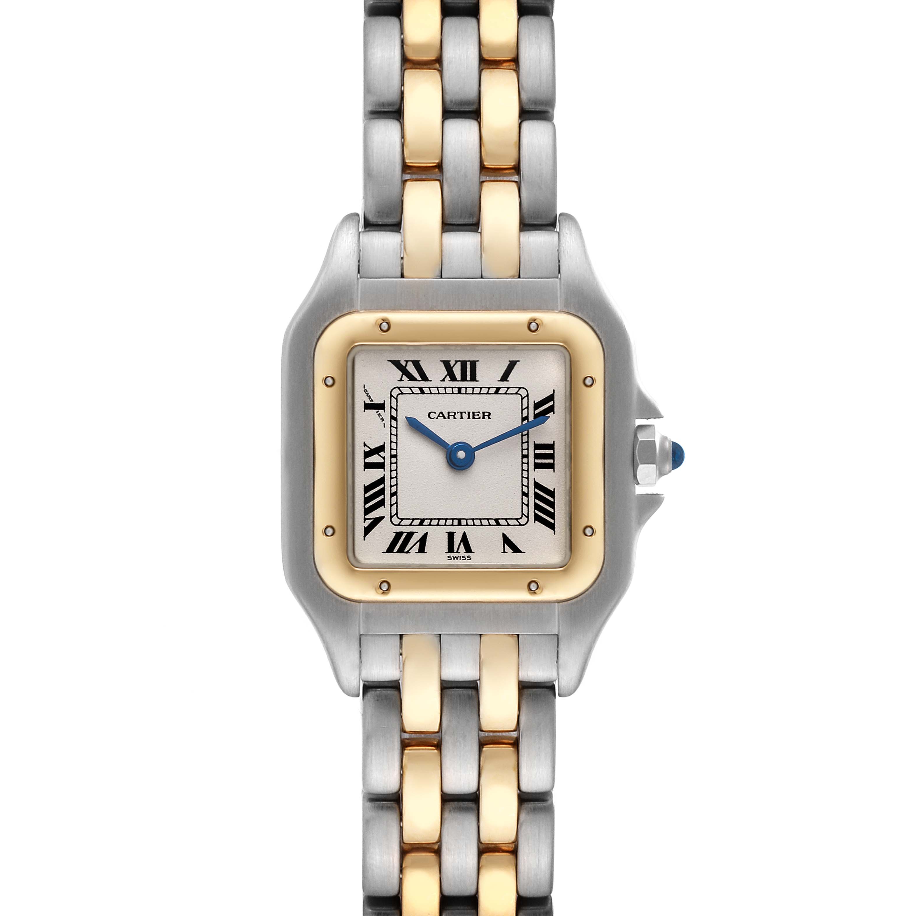 The Cartier Panthere W25029B6 Women's Steel and Gold (two tone) Silver Dial W25029B6 Women's Steel and Gold (two tone) Silver Dial watch is shown from a top-down view, highlighting its face and two-tone bracelet.