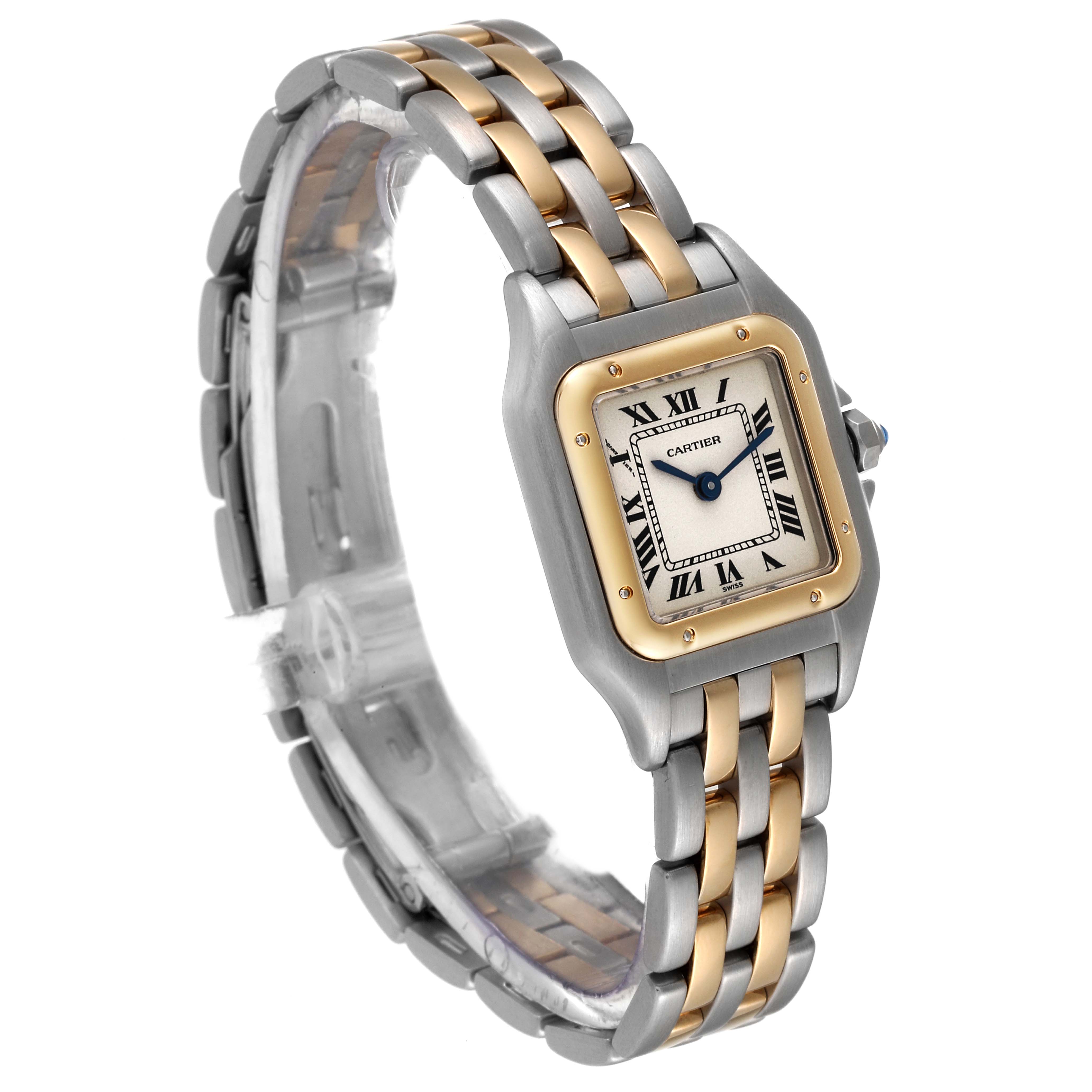 The Cartier Panthere W25029B6 Women's Steel and Gold (two tone) Silver Dial W25029B6 Women's Steel and Gold (two tone) Silver Dial watch is shown at a three-quarter angle, highlighting the face, bezel, and two-tone metal bracelet.