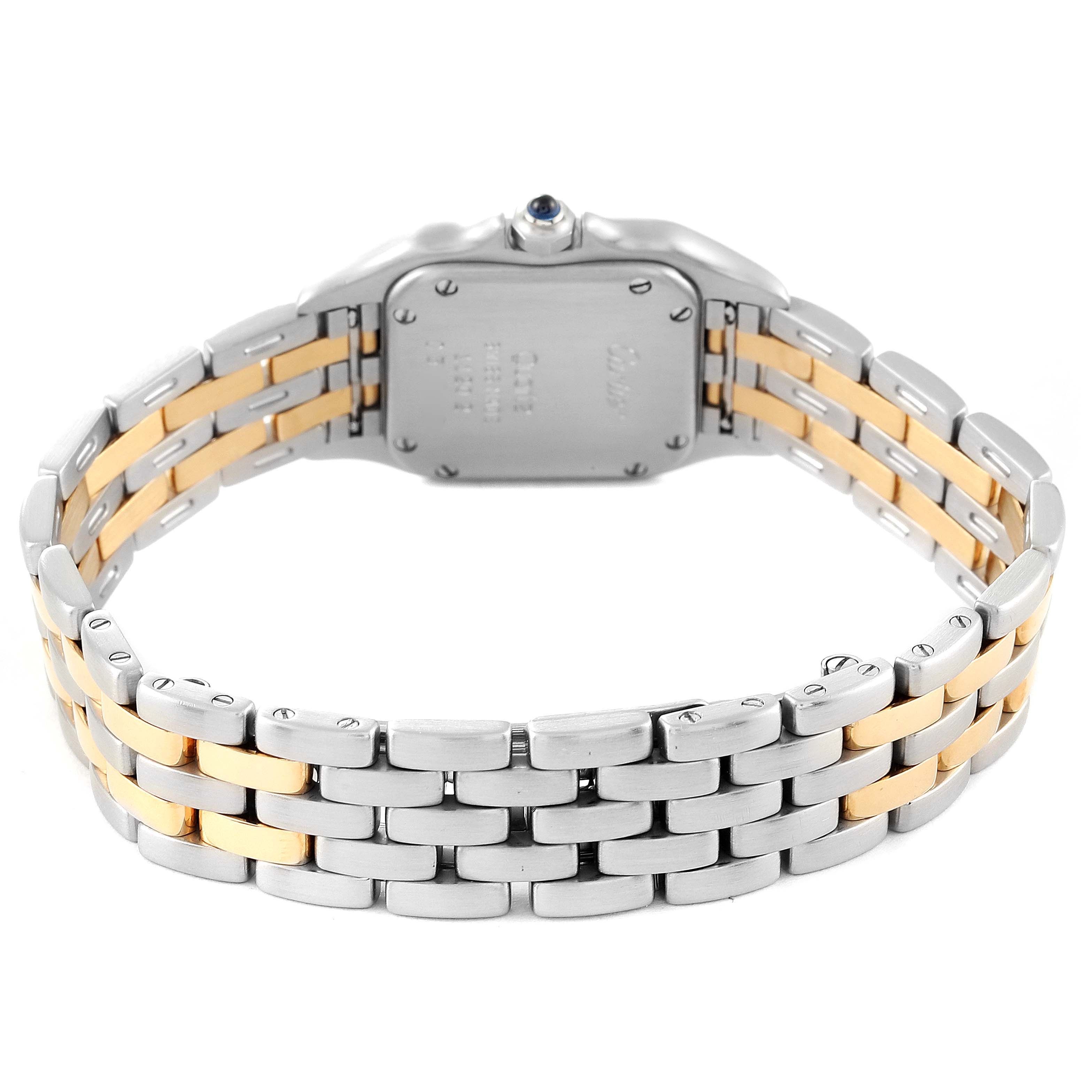 This image shows the back view of the Cartier Panthere W25029B6 Women's Steel and Gold (two tone) Silver Dial W25029B6 Women's Steel and Gold (two tone) Silver Dial model watch, highlighting its two-tone metal bracelet and case back.