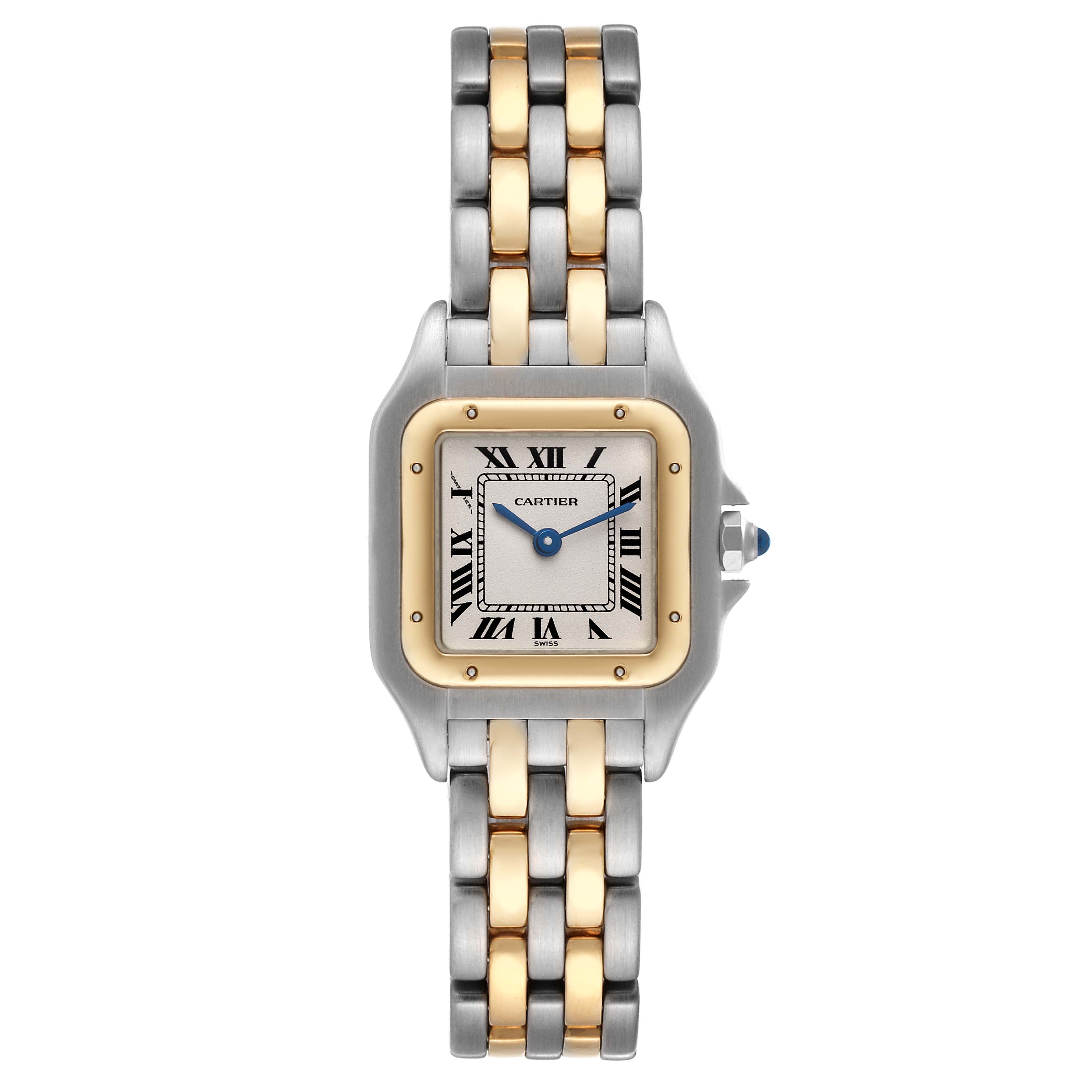 The image shows a front view of the Cartier Panthere W25029B6 Women's Steel and Gold (two tone) Silver Dial W25029B6 Women's Steel and Gold (two tone) Silver Dial watch, showcasing its two-tone metal bracelet, square face, and Roman numeral dial.