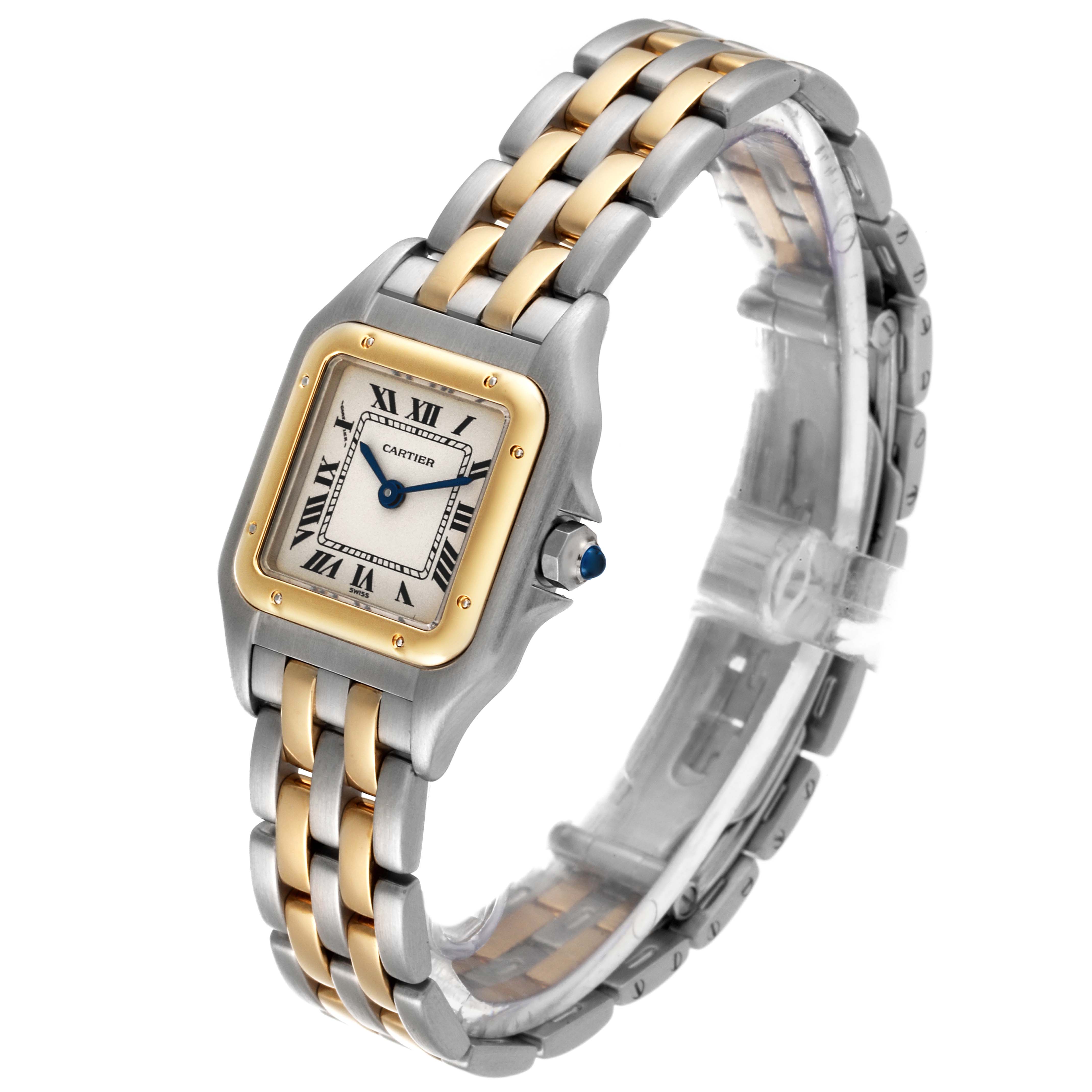 This image shows a Cartier Panthere W25029B6 Women's Steel and Gold (two tone) Silver Dial W25029B6 Women's Steel and Gold (two tone) Silver Dial model watch, featuring a close-up angle of the face and the two-tone bracelet.