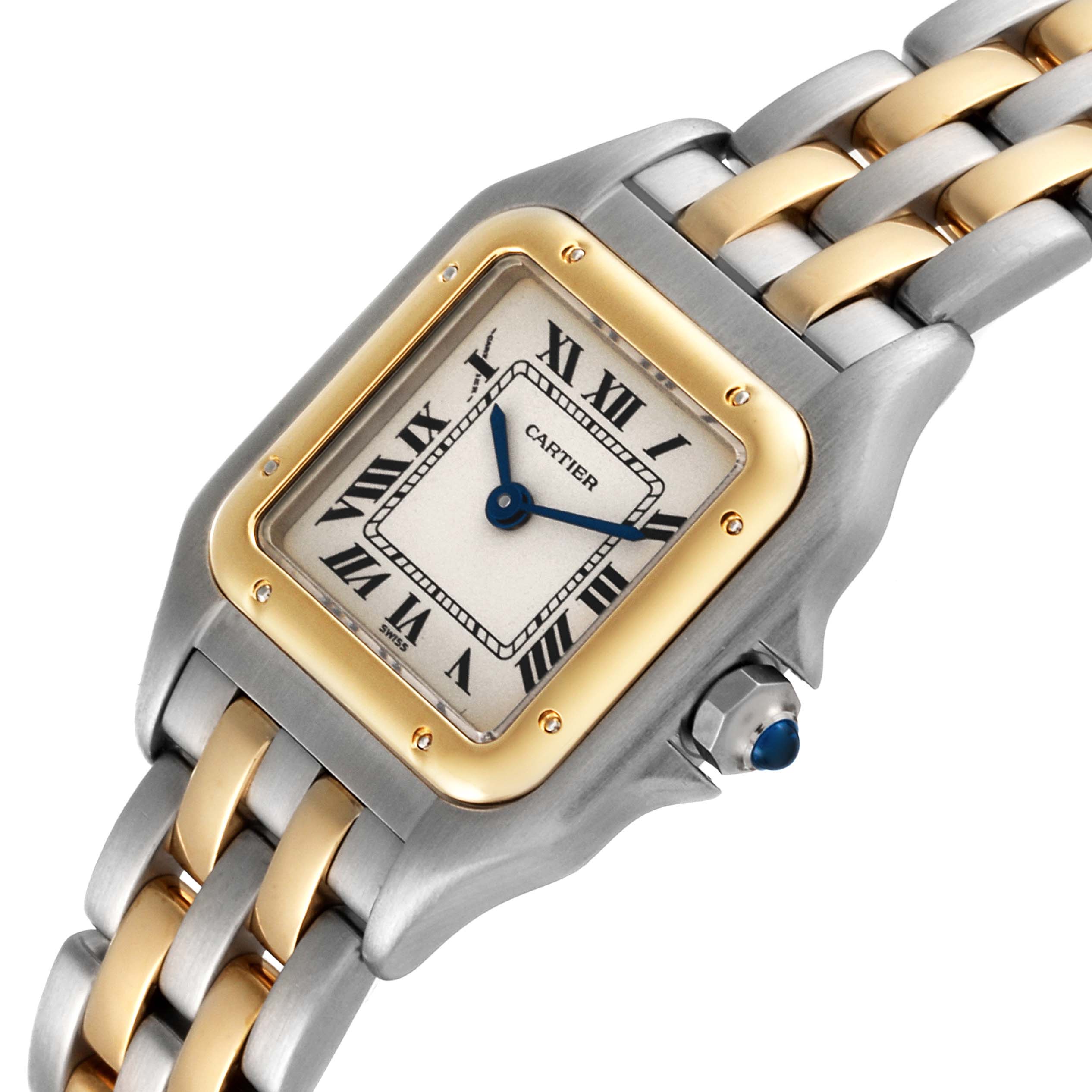 The image shows a close-up of the Cartier Panthere W25029B6 Women's Steel and Gold (two tone) Silver Dial W25029B6 Women's Steel and Gold (two tone) Silver Dial model watch focusing on the dial, crown, and part of the two-tone bracelet.
