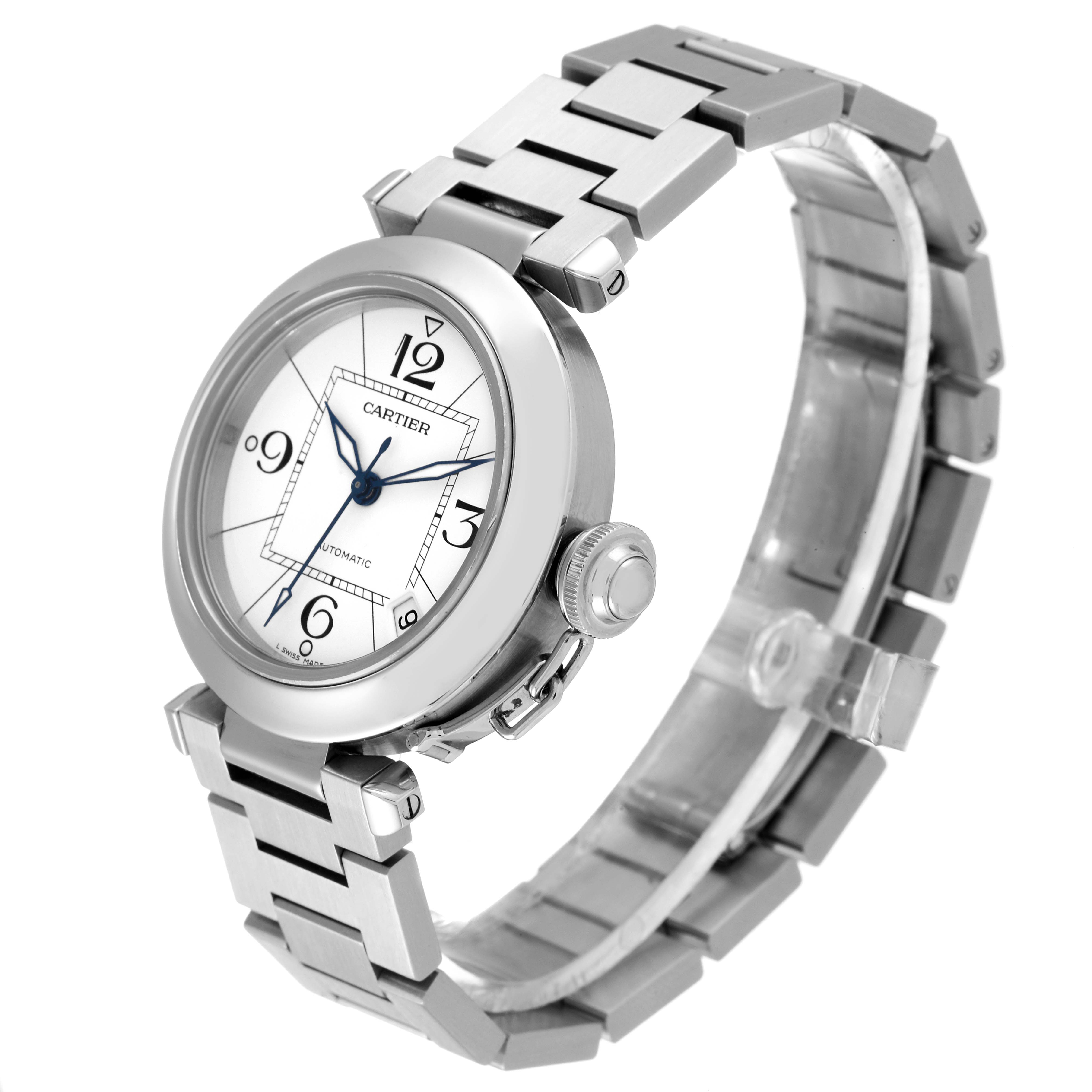 The Cartier Pasha W31074M7 Men's Stainless Steel White Dial W31074M7 Men's Stainless Steel White Dial watch is shown at a three-quarter angle, displaying the face, crown, and metal bracelet.