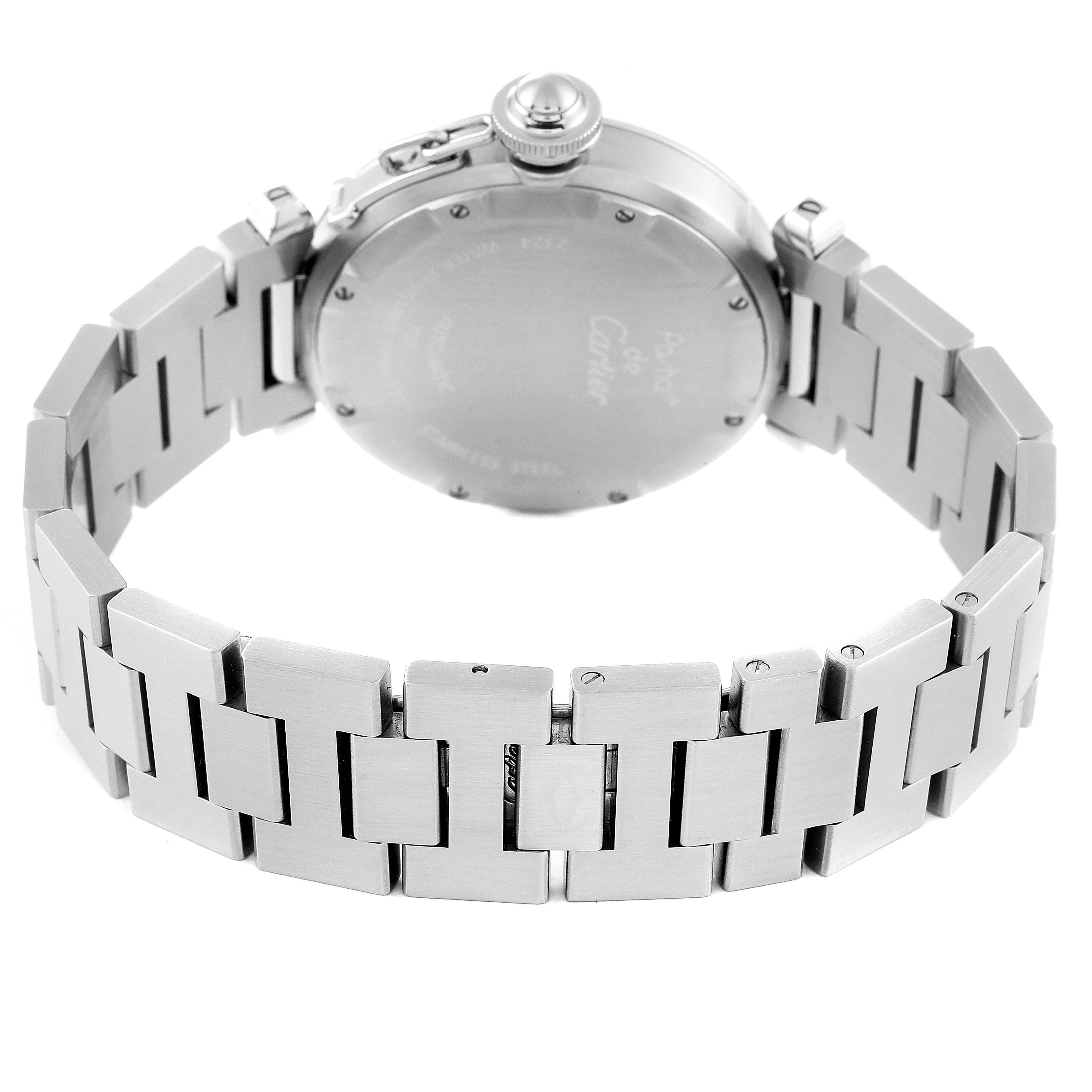 The image shows the back and bracelet of a Cartier Pasha W31074M7 Men's Stainless Steel White Dial W31074M7 Men's Stainless Steel White Dial model watch, viewed from an angled rear perspective.