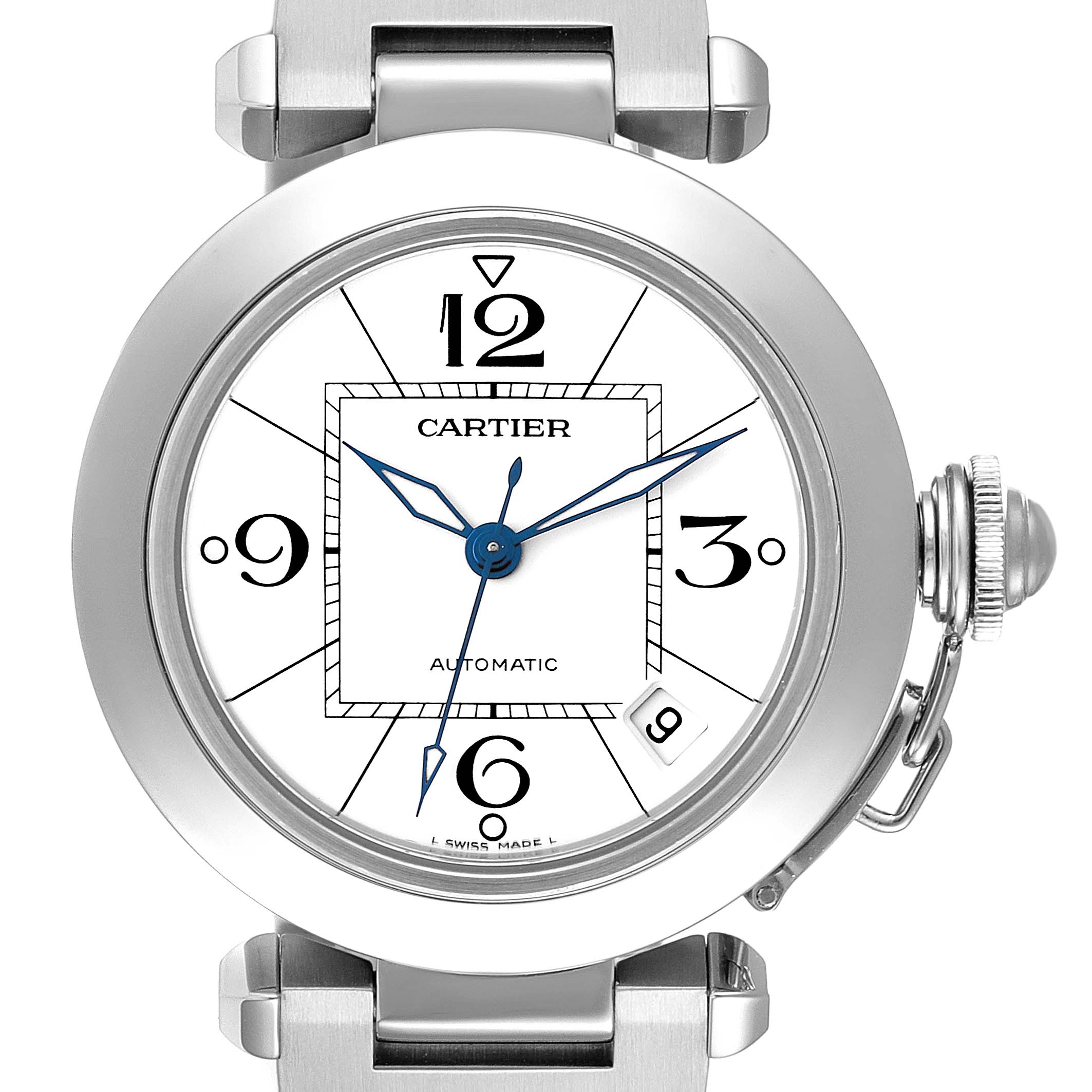 This is a frontal view of a Cartier Pasha W31074M7 Men's Stainless Steel White Dial W31074M7 Men's Stainless Steel White Dial watch, displaying the dial, hands, crown, and part of the strap connector.