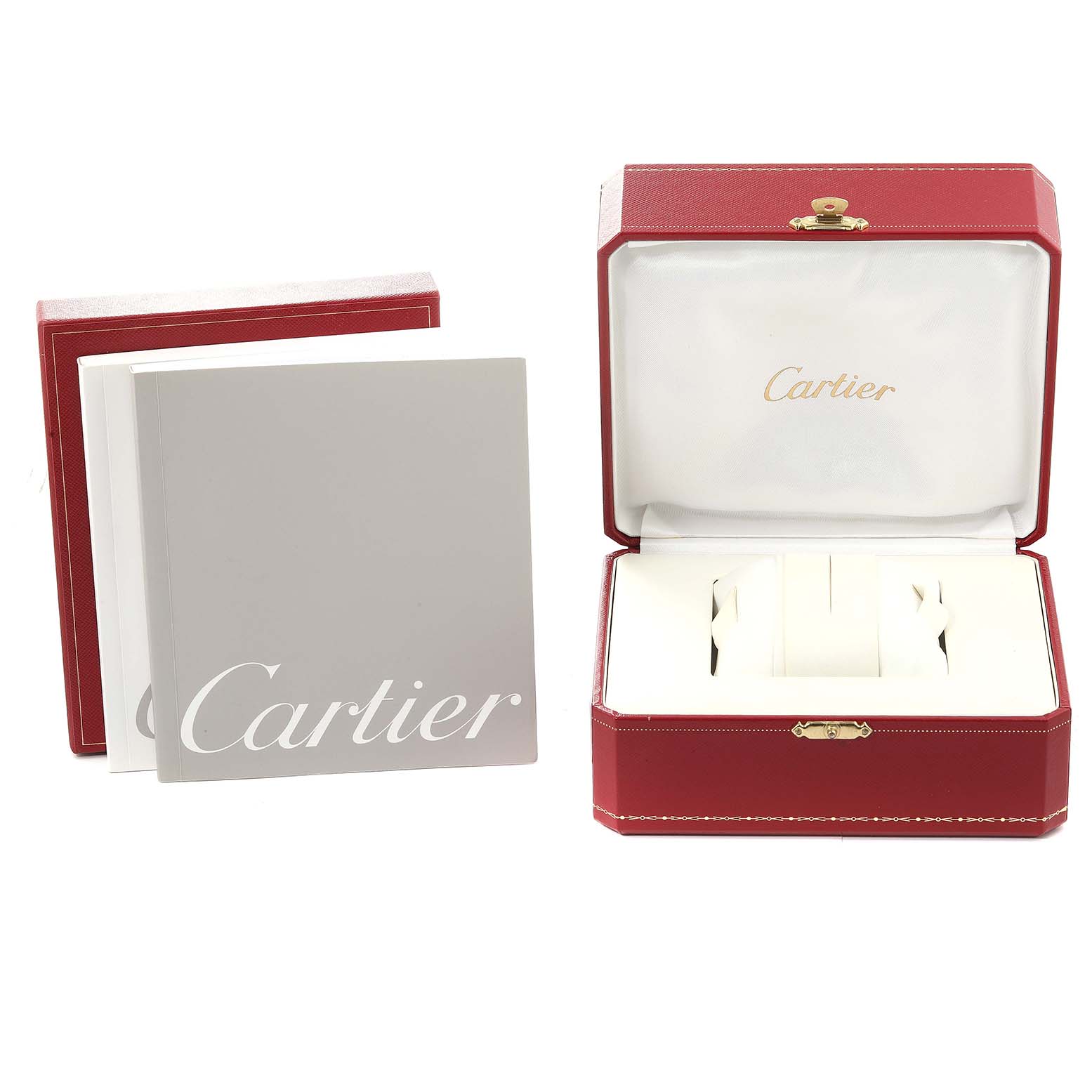 The image shows the packaging and booklets for the Cartier Pasha W31074M7 Men's Stainless Steel White Dial W31074M7 Men's Stainless Steel White Dial watch.