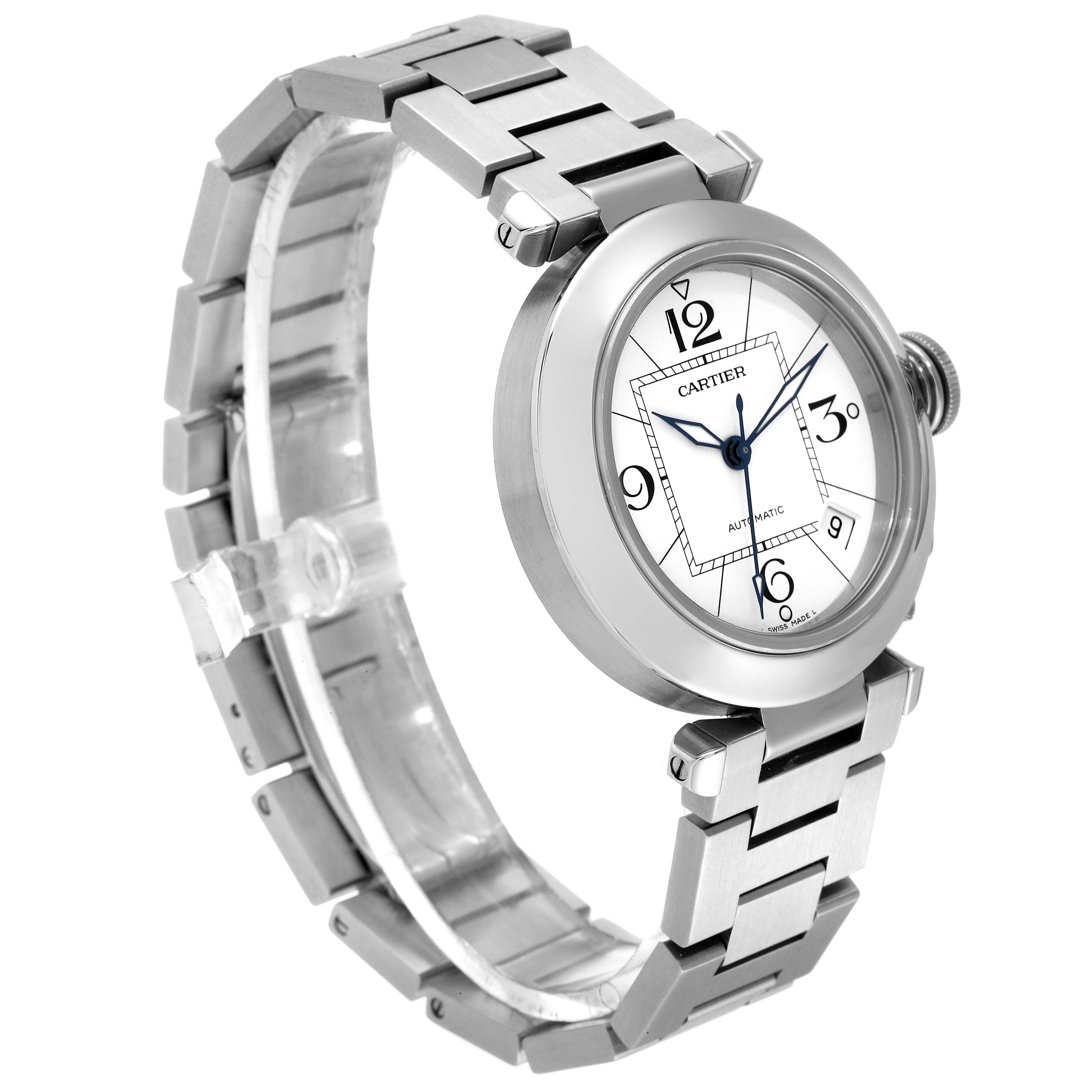 The Cartier Pasha W31074M7 Men's Stainless Steel White Dial W31074M7 Men's Stainless Steel White Dial model watch is shown from an angled side view, displaying its face, dial, and metal bracelet.