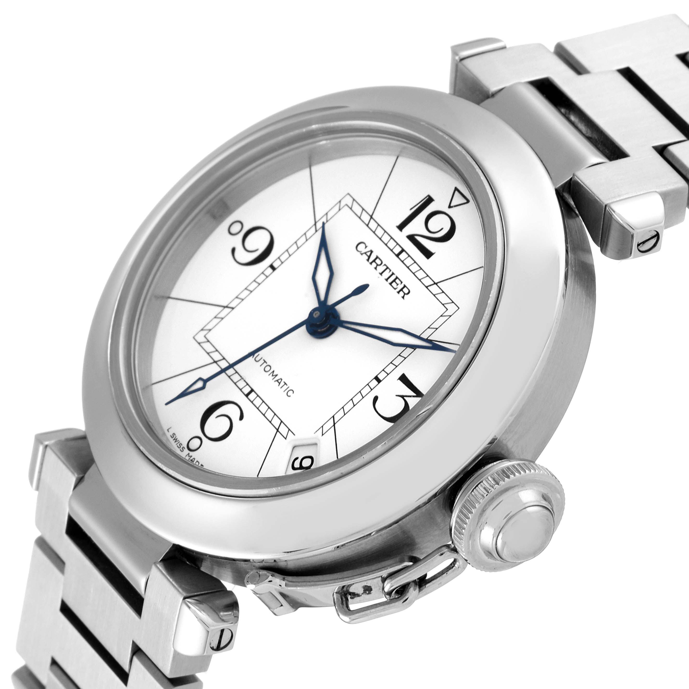The Cartier Pasha W31074M7 Men's Stainless Steel White Dial W31074M7 Men's Stainless Steel White Dial watch is shown at a slight angle, displaying the face, bezel, crown, and part of the bracelet.