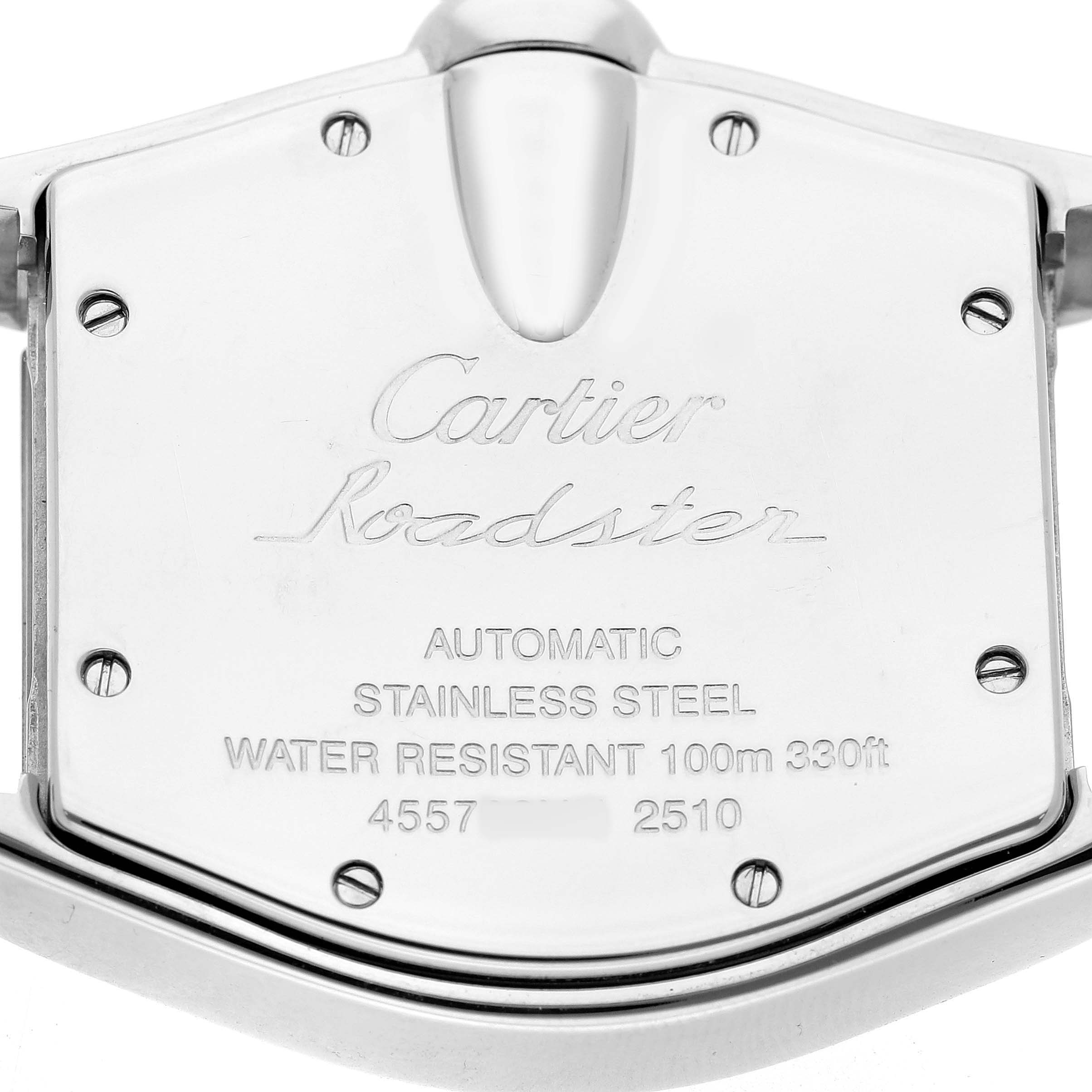 The image shows the back case of the Cartier Roadster W62025V3 Men's Stainless Steel Silver Dial watch, highlighting its stainless steel and water resistance details.