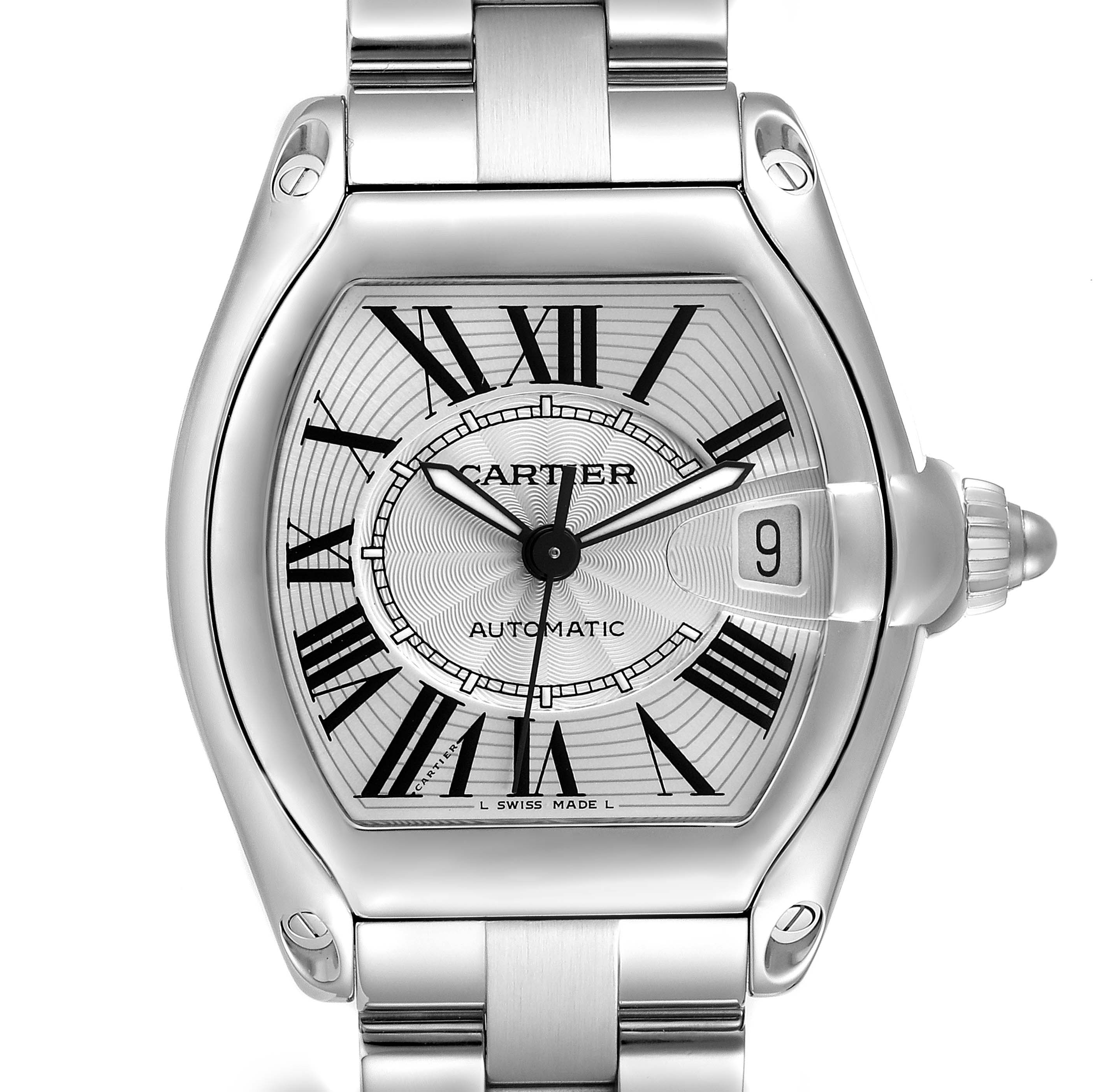 The Cartier Roadster W62025V3 Men's Stainless Steel Silver Dial watch is shown from a front angle, highlighting the dial, Roman numerals, and date window.