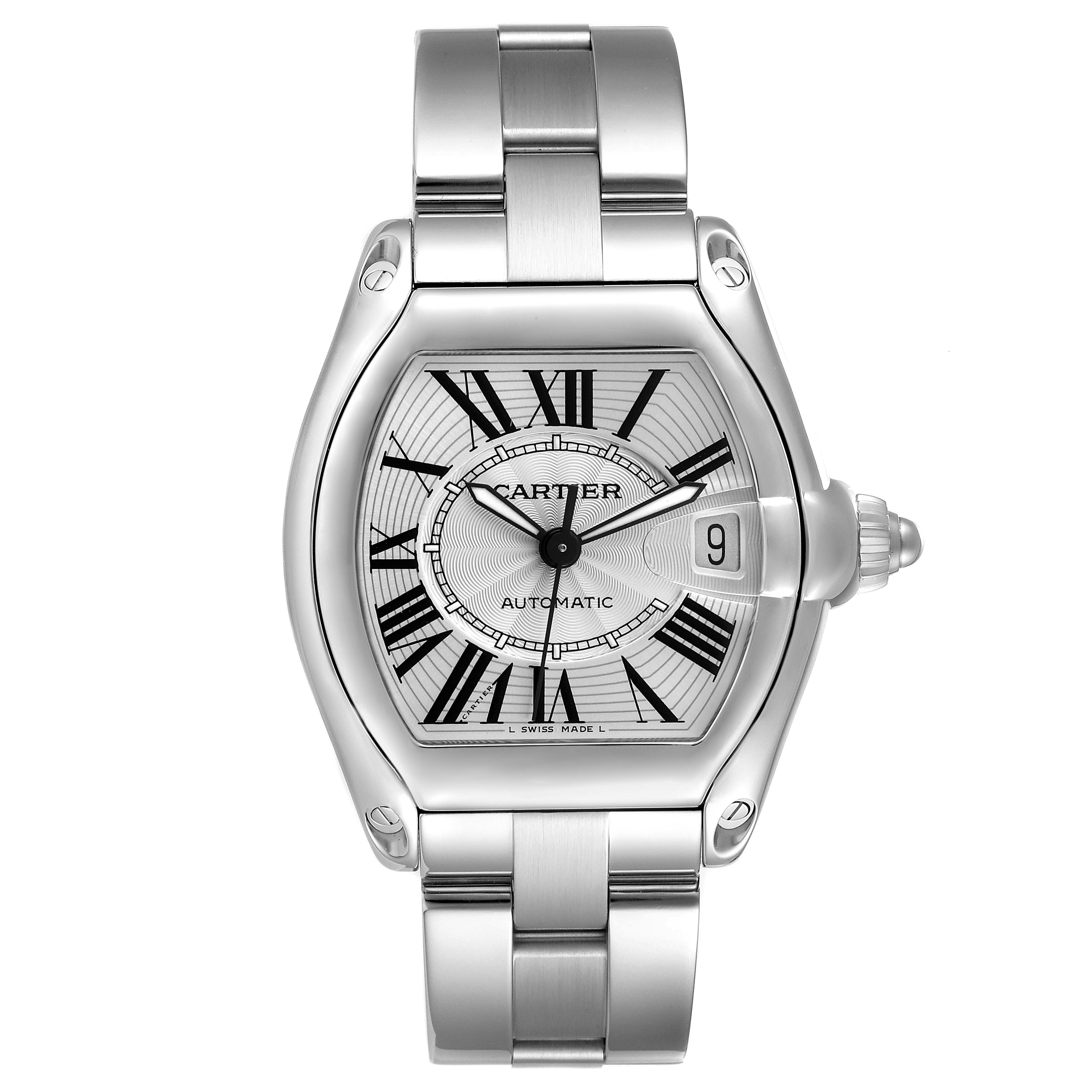 The Cartier Roadster W62025V3 Men's Stainless Steel Silver Dial watch is shown from a top view, highlighting its face, bezel, and bracelet.