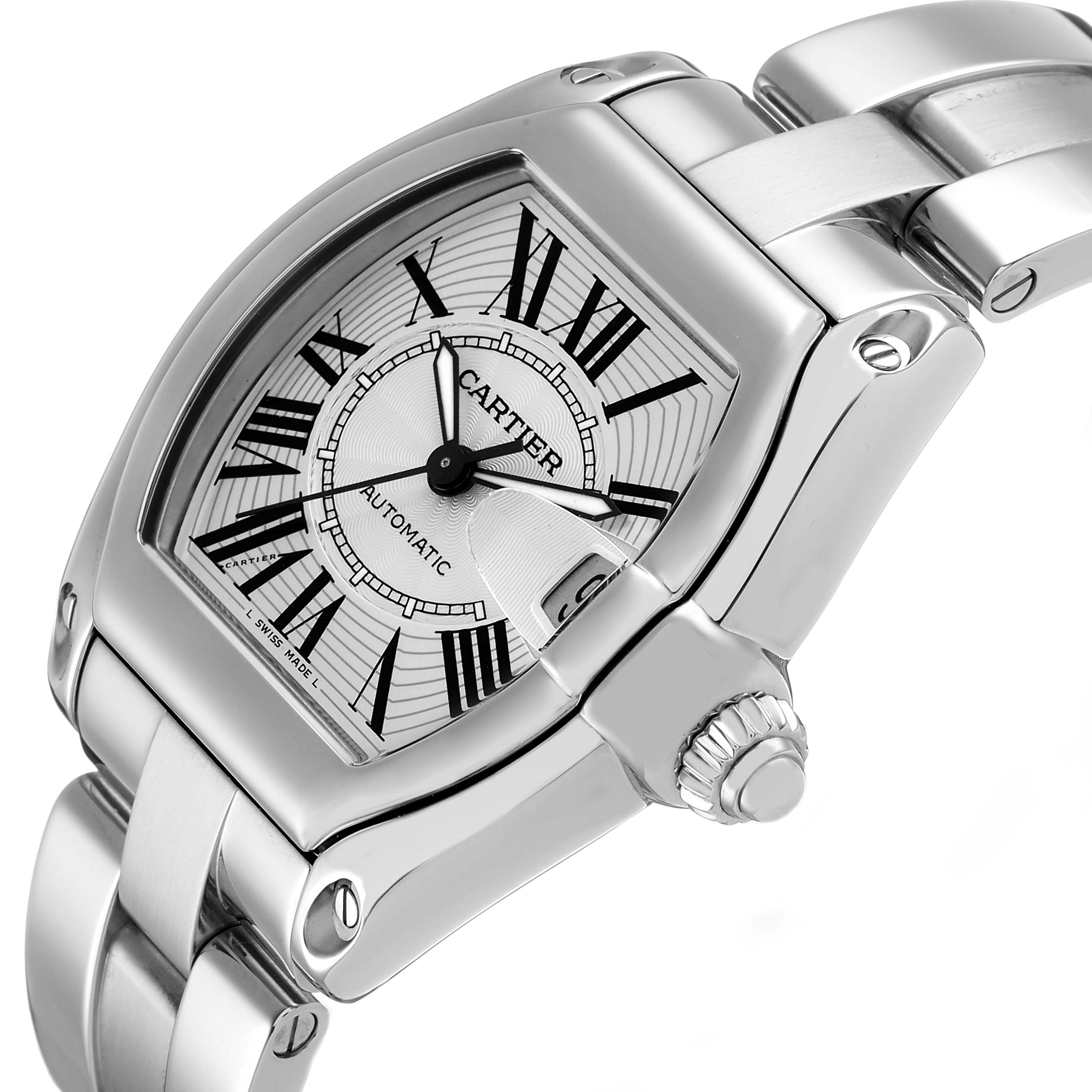 The Cartier Roadster W62025V3 Men's Stainless Steel Silver Dial watch is shown at a slight angle, highlighting the dial, crown, and part of the bracelet.