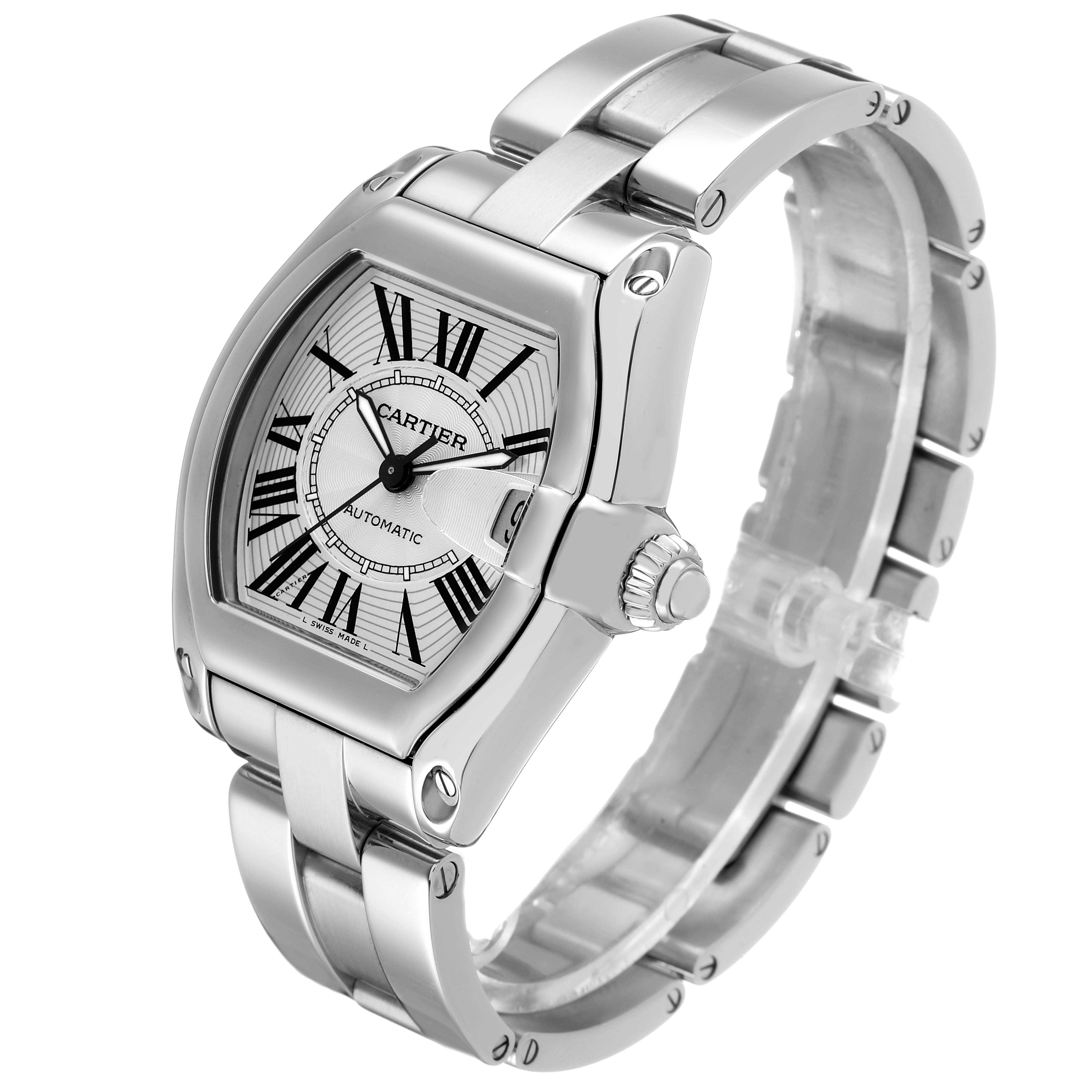 The Cartier Roadster W62025V3 Men's Stainless Steel Silver Dial watch is shown at a three-quarter angle, showcasing the dial, crown, and metal bracelet.