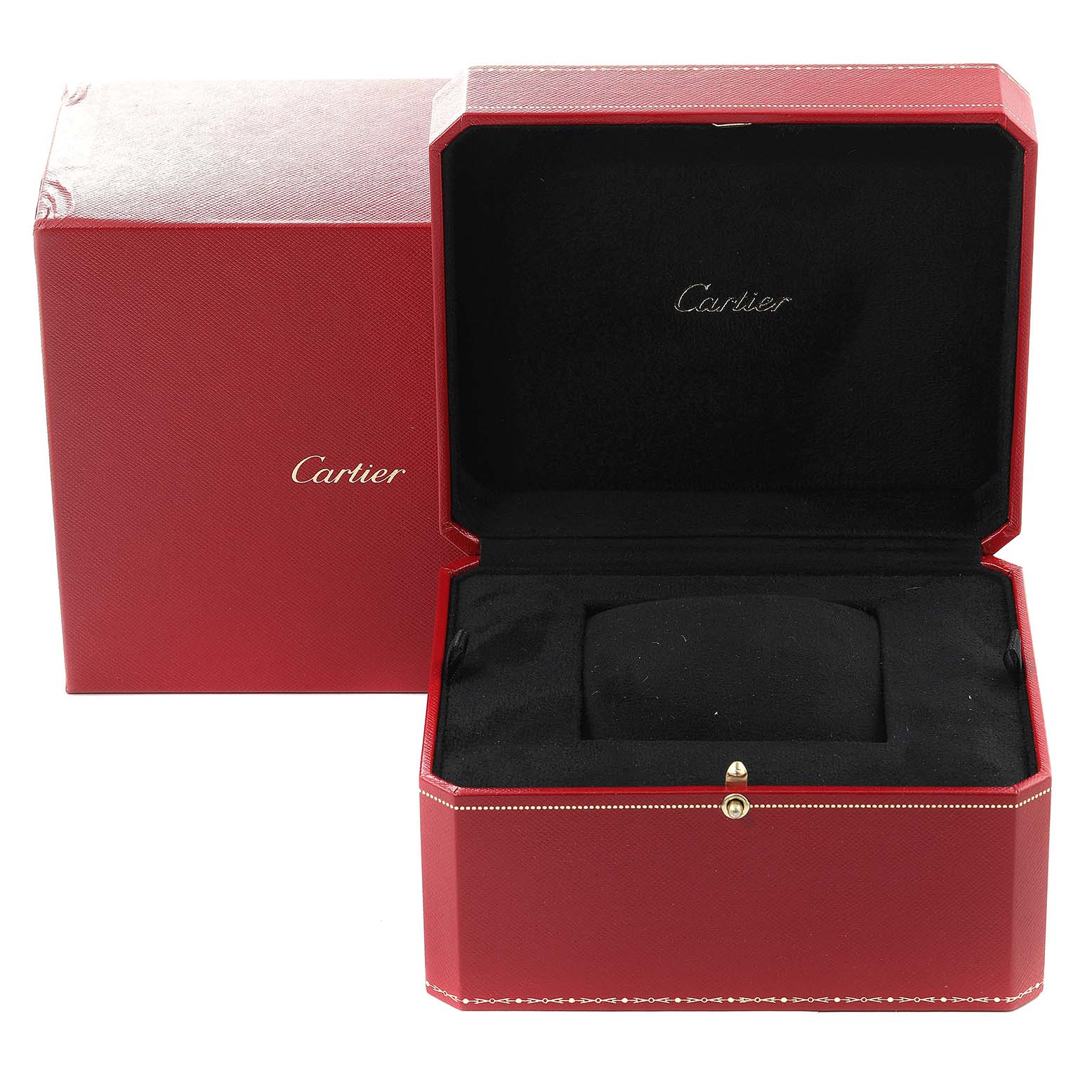 This image shows an open red Cartier watch box, designed for the Rotonde model by Cartier.