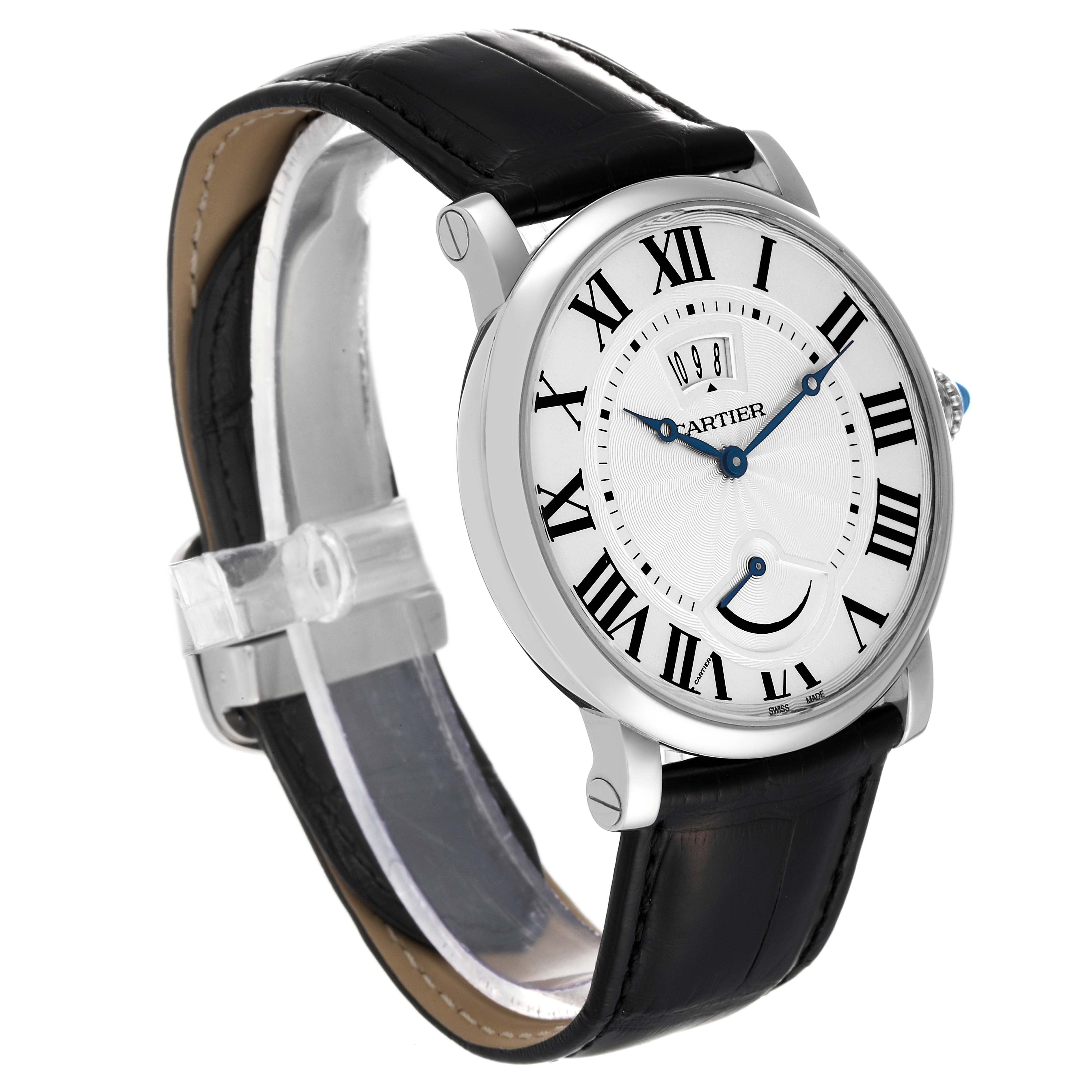 The Cartier Rotonde W1556369 Men
s Stainless Steel Silver Dial W1556369 Men
s Stainless Steel Silver Dial watch is shown at a slight side angle, displaying its face, Roman numerals, and black leather strap.