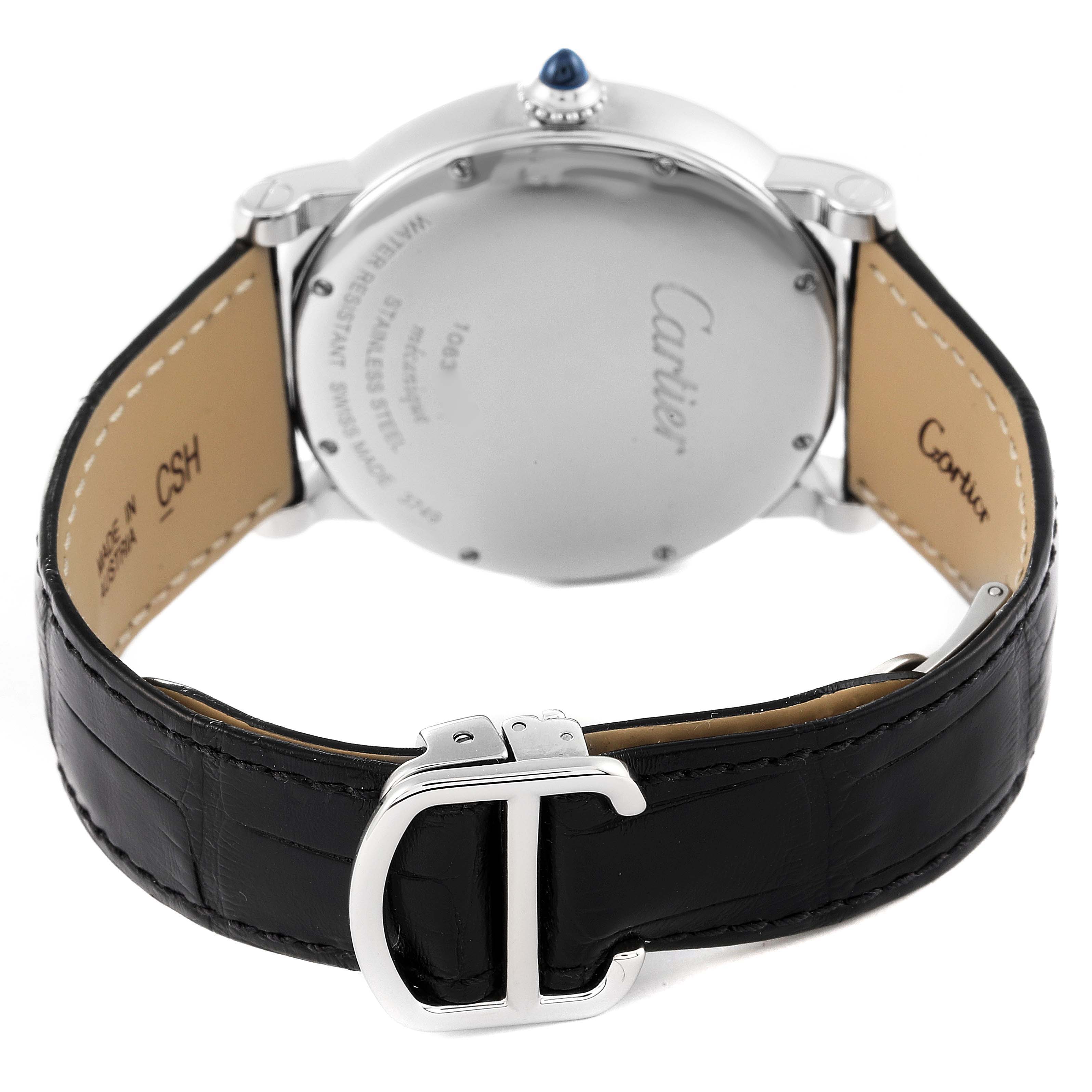 The image shows the back view of a Rotonde model by Cartier with a black leather strap and metal buckle.