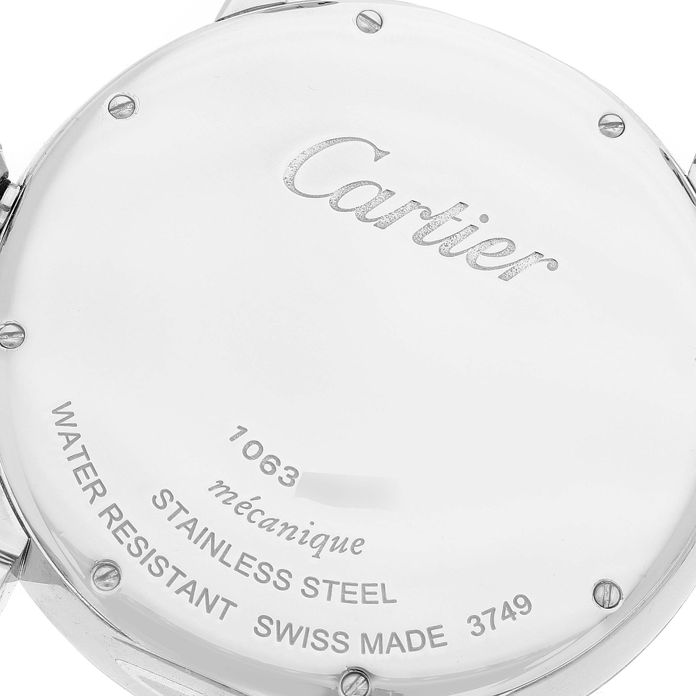 The image shows the back case of a Rotonde model watch by Cartier, highlighting brand markings and specifications.