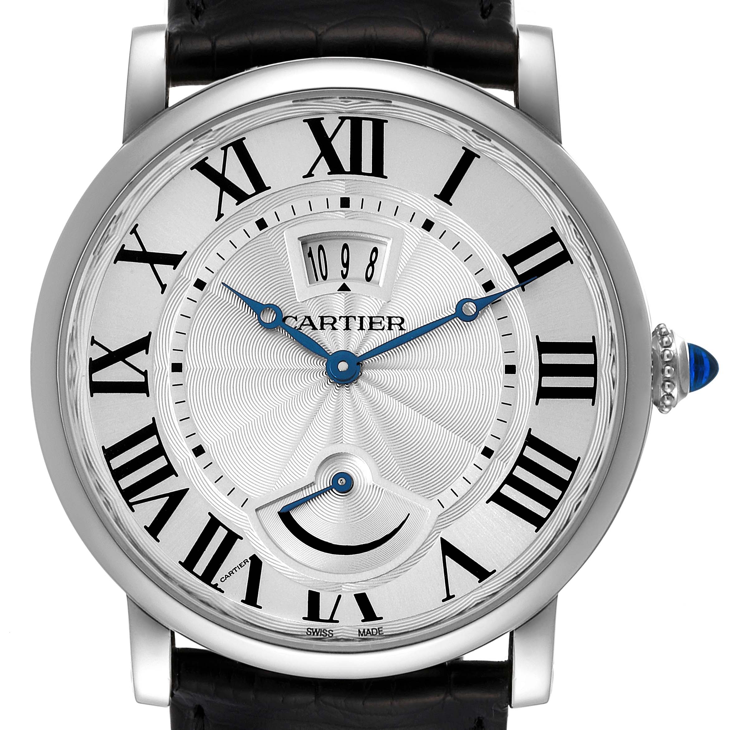 This image shows a front view of the Cartier Rotonde W1556369 Men
s Stainless Steel Silver Dial W1556369 Men
s Stainless Steel Silver Dial model, featuring a silver dial with Roman numerals, blue hands, and a leather strap.