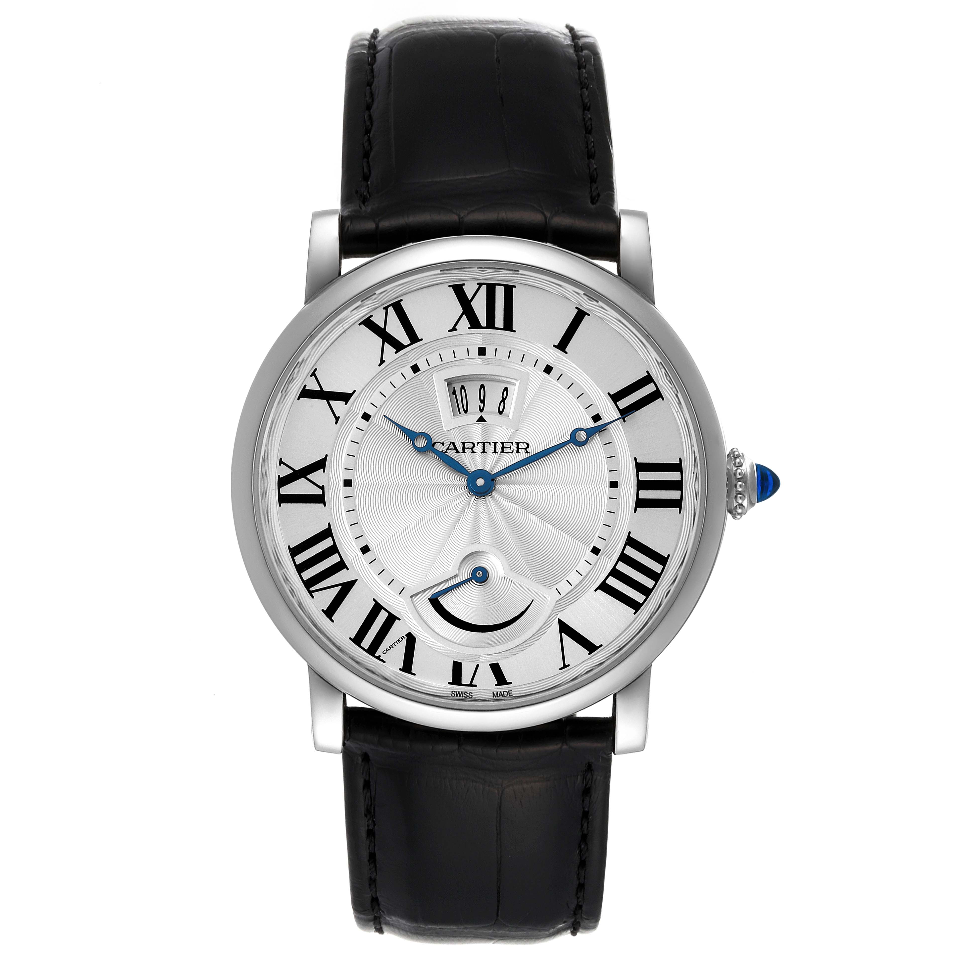 The image shows a front view of the Cartier Rotonde W1556369 Men
s Stainless Steel Silver Dial W1556369 Men
s Stainless Steel Silver Dial watch, displaying its face, Roman numerals, date window, and black leather strap.