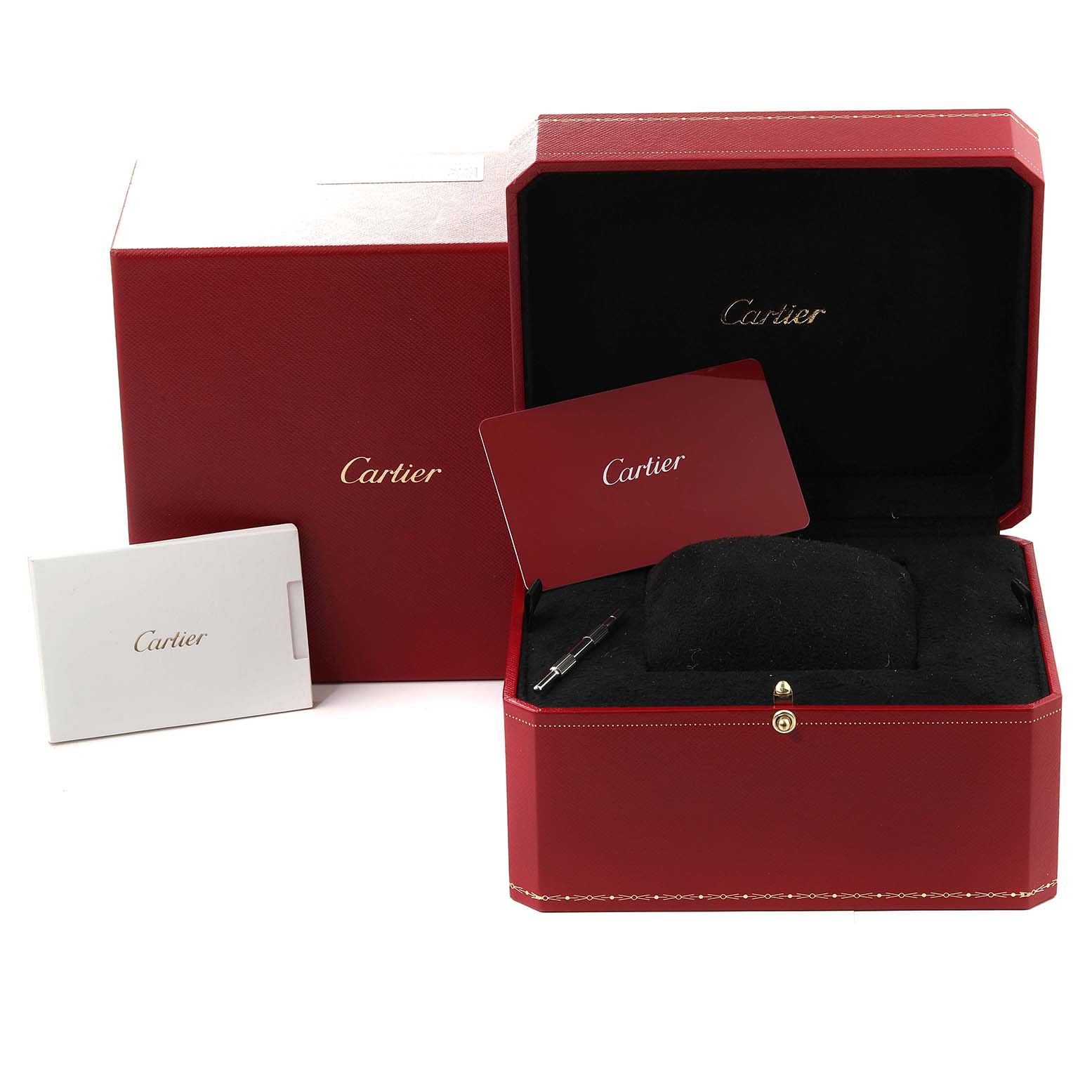 The image shows a Cartier Santos WSSA0018 Men's Stainless Steel White Dial WSSA0018 Men's Stainless Steel White Dial model watch presentation box, booklet, authentication card, and a tool.