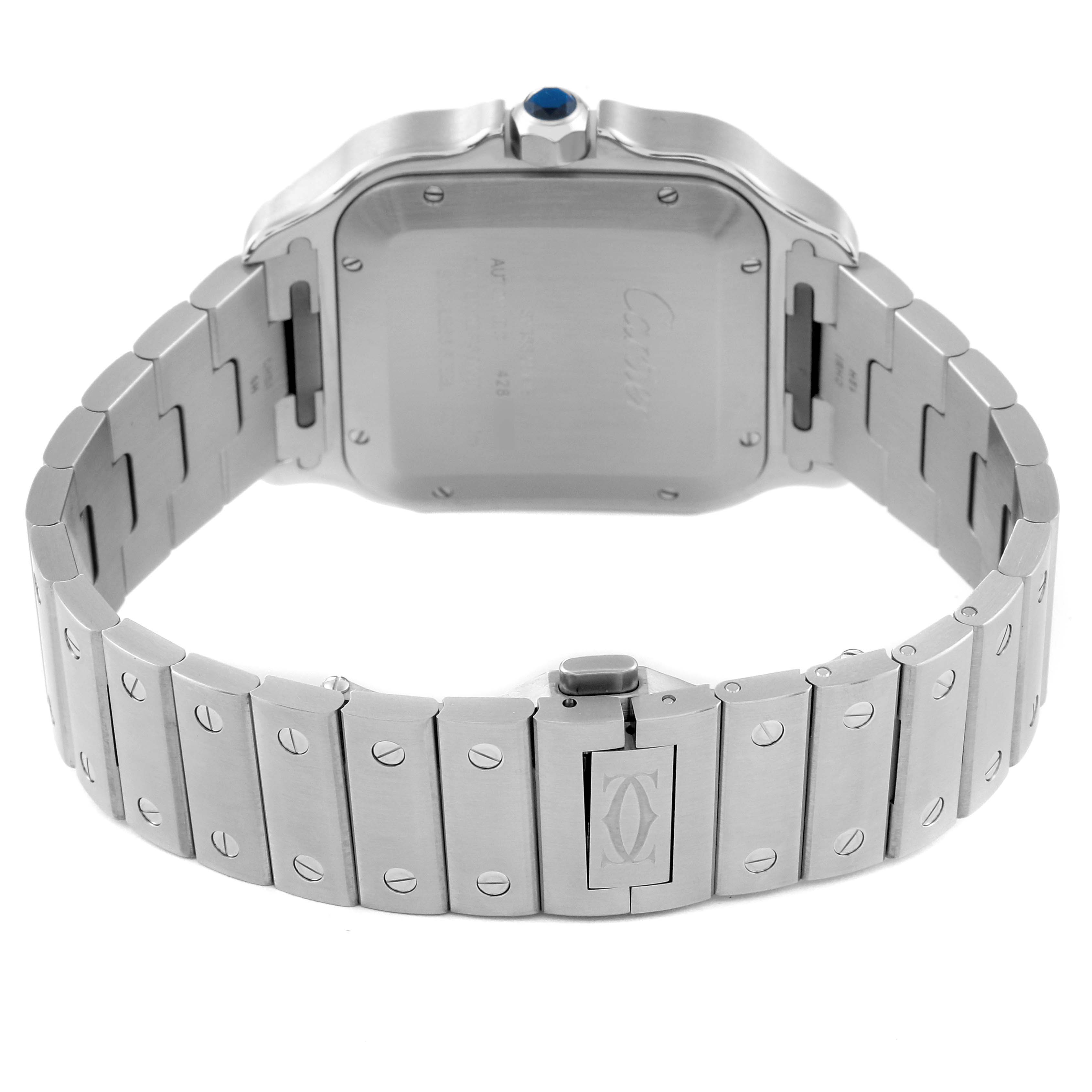 The image shows the back and bracelet of the Santos model by Cartier, viewed from a rear angle.