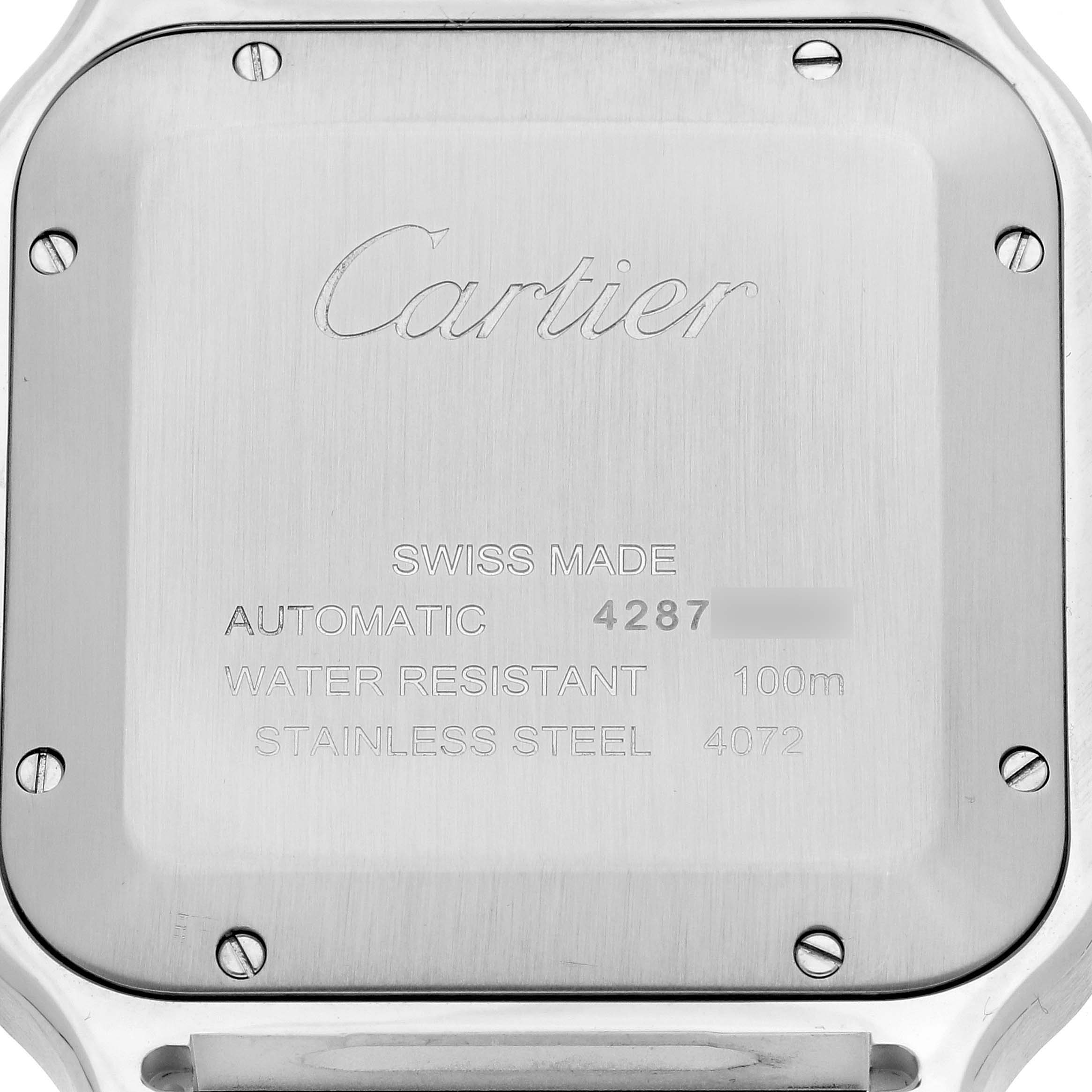 This image shows the backside of the Cartier Santos WSSA0018 Men's Stainless Steel White Dial WSSA0018 Men's Stainless Steel White Dial model watch, highlighting the engraved details and screws.