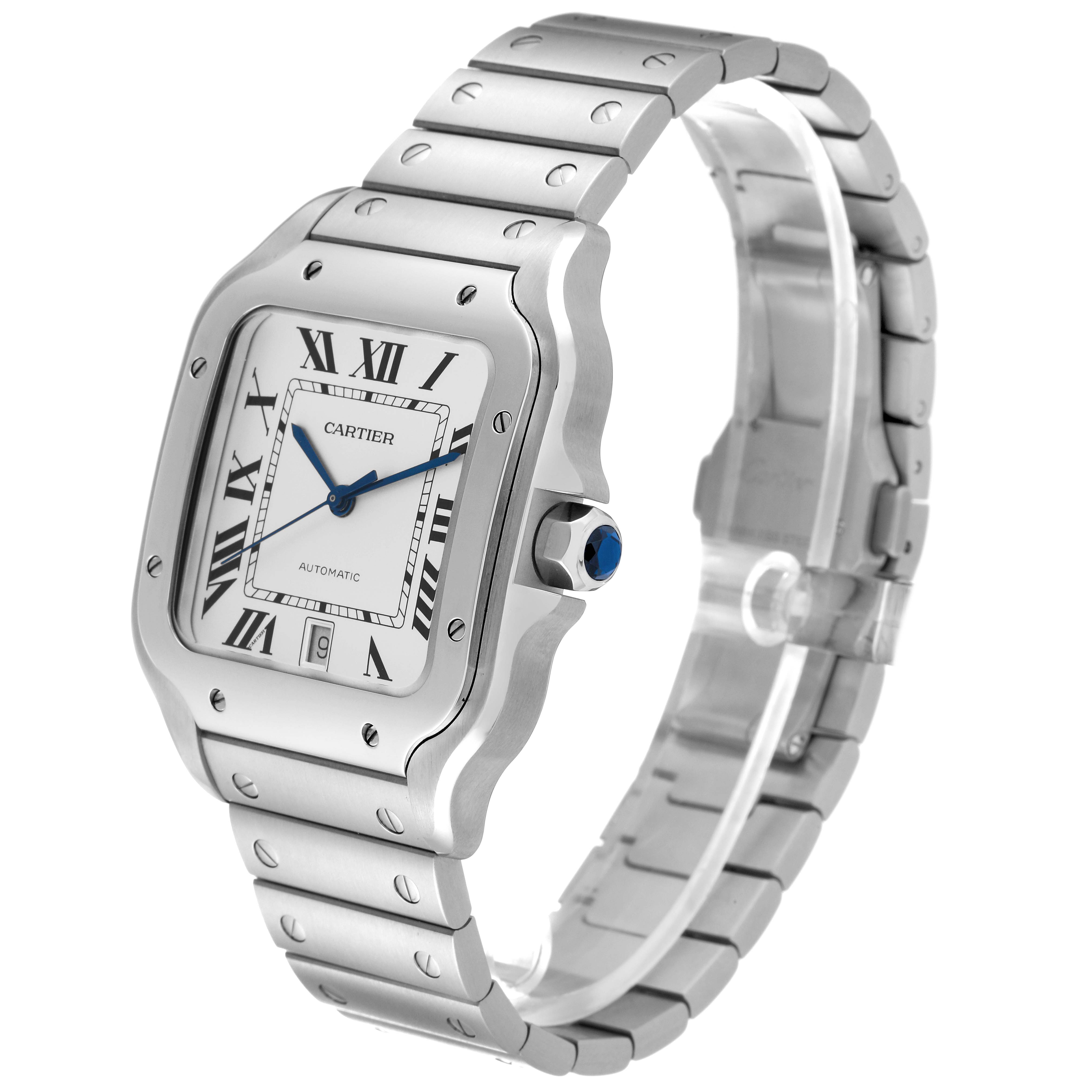 The Cartier Santos WSSA0018 Men's Stainless Steel White Dial WSSA0018 Men's Stainless Steel White Dial watch is shown at a three-quarter angle, highlighting the dial, bezel, crown, and bracelet.