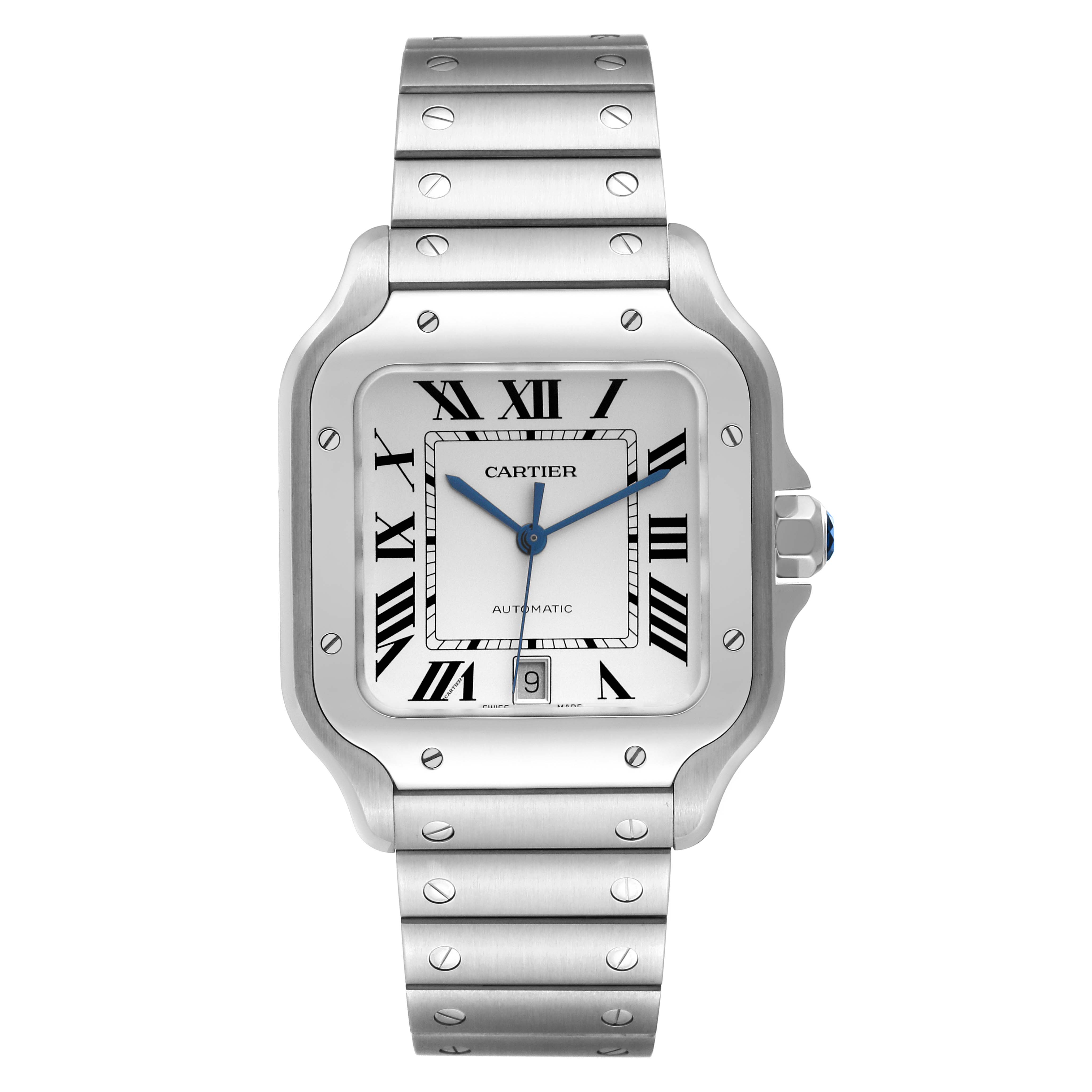 The image shows a front view of the Cartier Santos WSSA0018 Men's Stainless Steel White Dial WSSA0018 Men's Stainless Steel White Dial watch, highlighting its square face, Roman numeral dial, and metal bracelet.