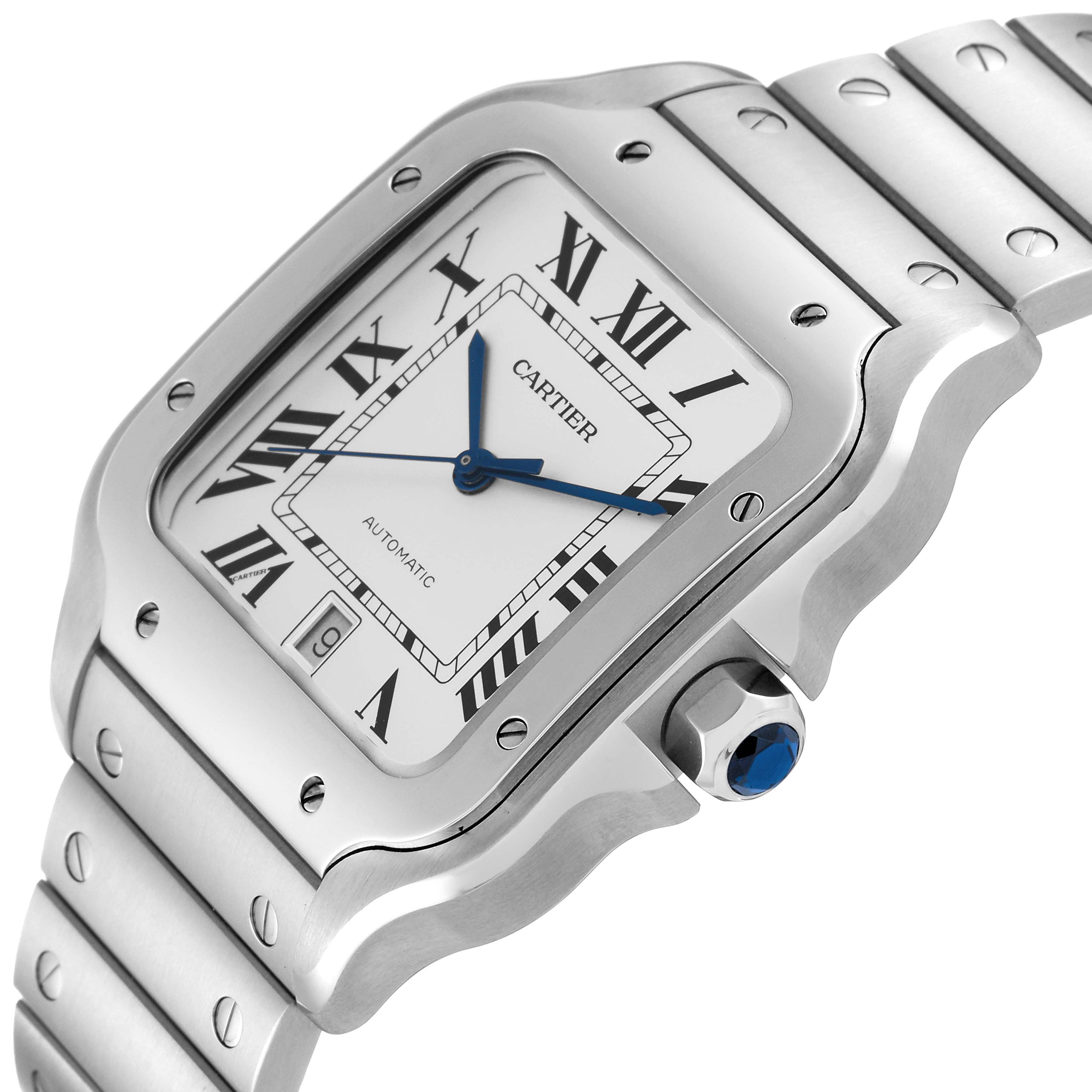 The Cartier Santos WSSA0018 Men's Stainless Steel White Dial WSSA0018 Men's Stainless Steel White Dial watch is shown from an angled view, highlighting its face, bezel, crown, and part of the bracelet.