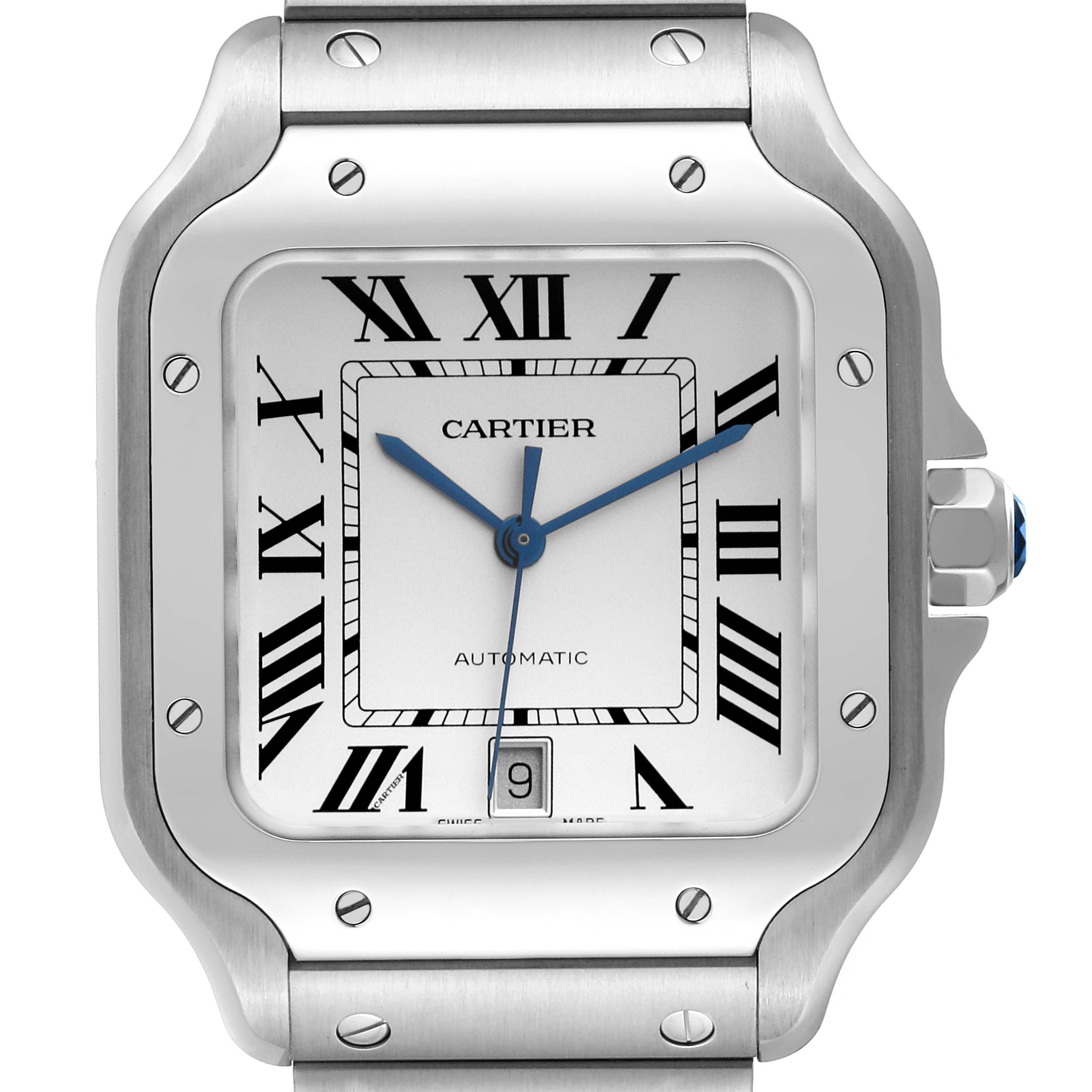 This image shows a close-up, front view of the dial and part of the bracelet of a Santos model by Cartier.