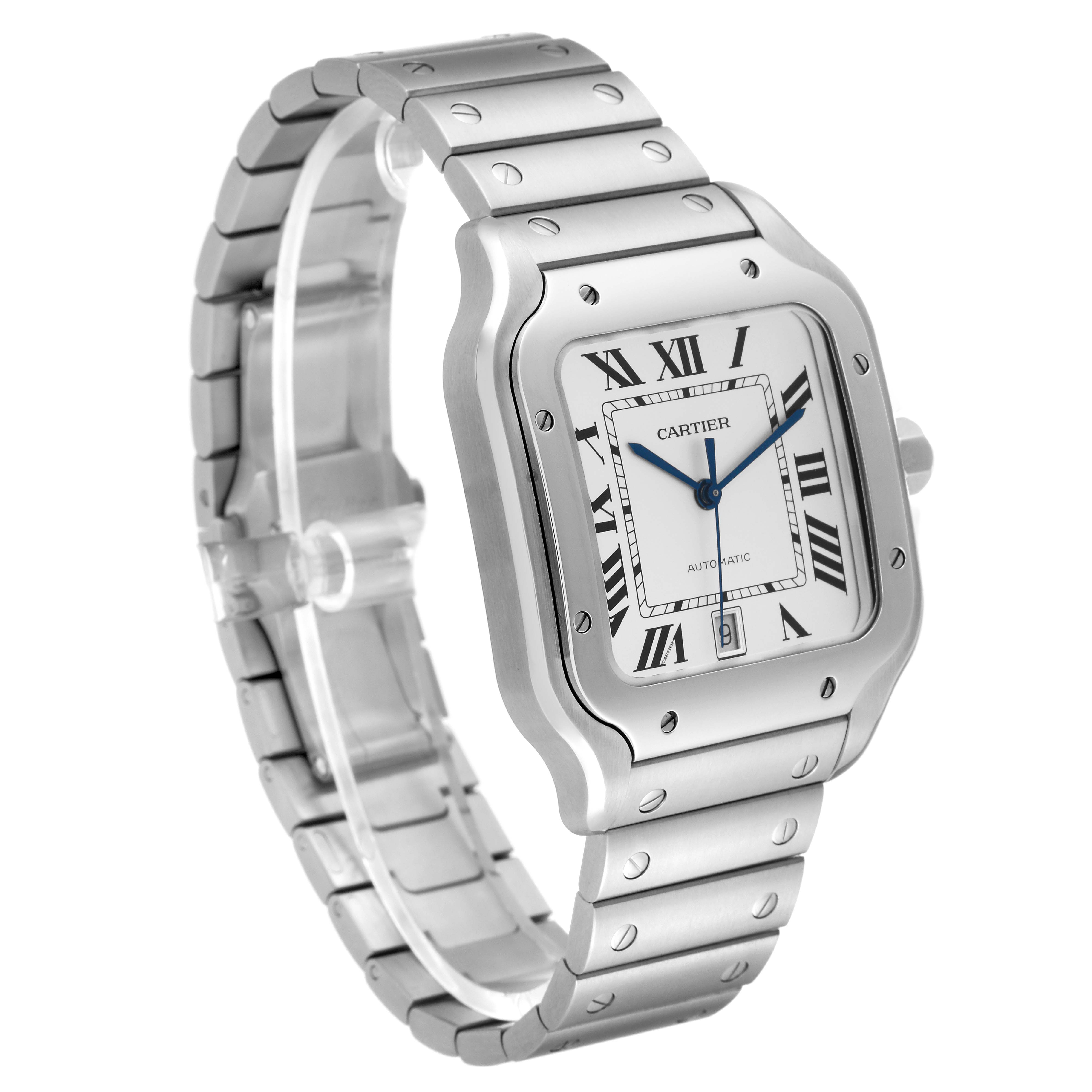 This image shows a Cartier Santos WSSA0018 Men's Stainless Steel White Dial WSSA0018 Men's Stainless Steel White Dial watch at a slight angle, highlighting the face, bezel, bracelet, and crown.