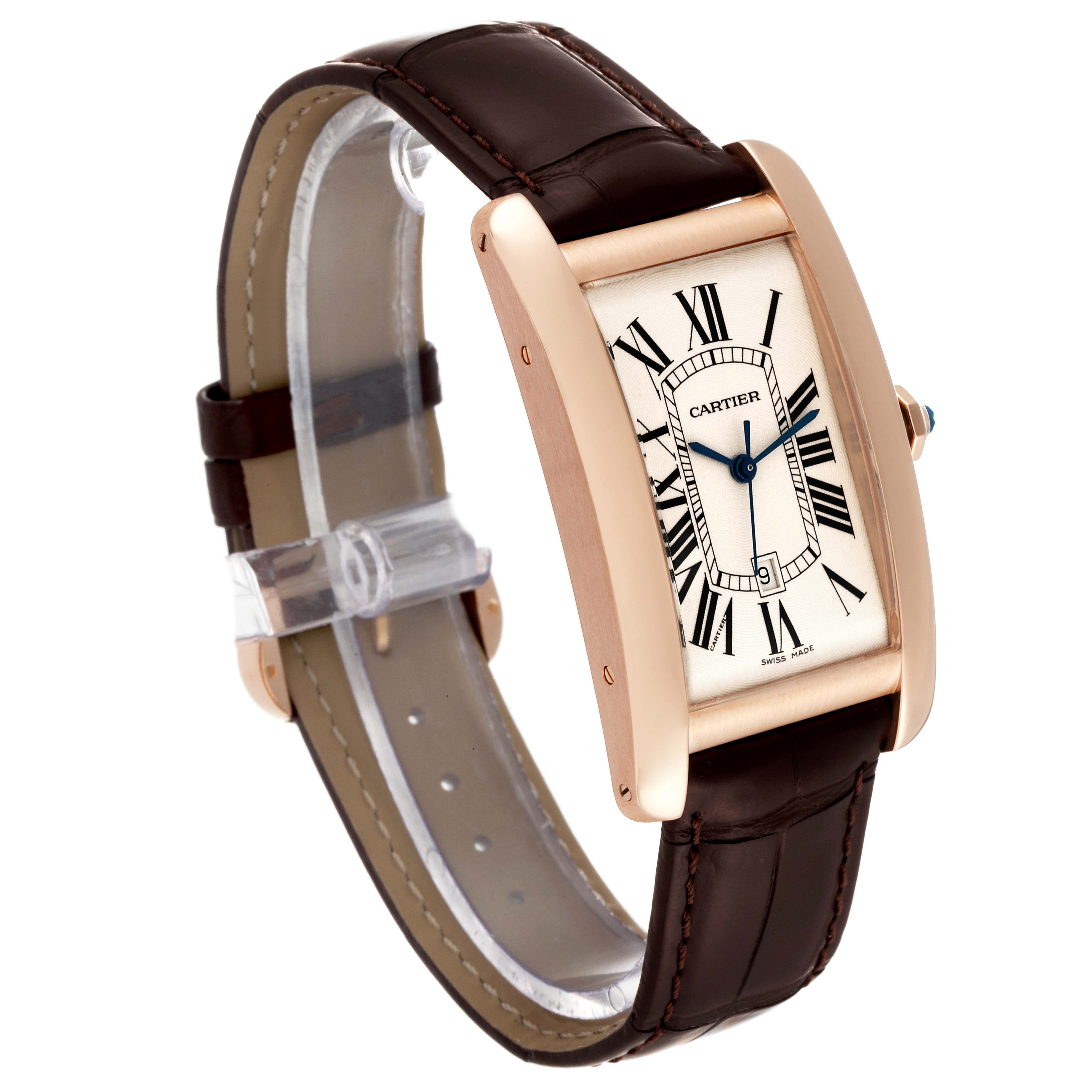 The Cartier Tank Americaine W2609156 Men
s Rose Gold Silver Dial W2609156 Men
s Rose Gold Silver Dial watch is shown at a slight angle, highlighting its face, case, and brown leather strap.