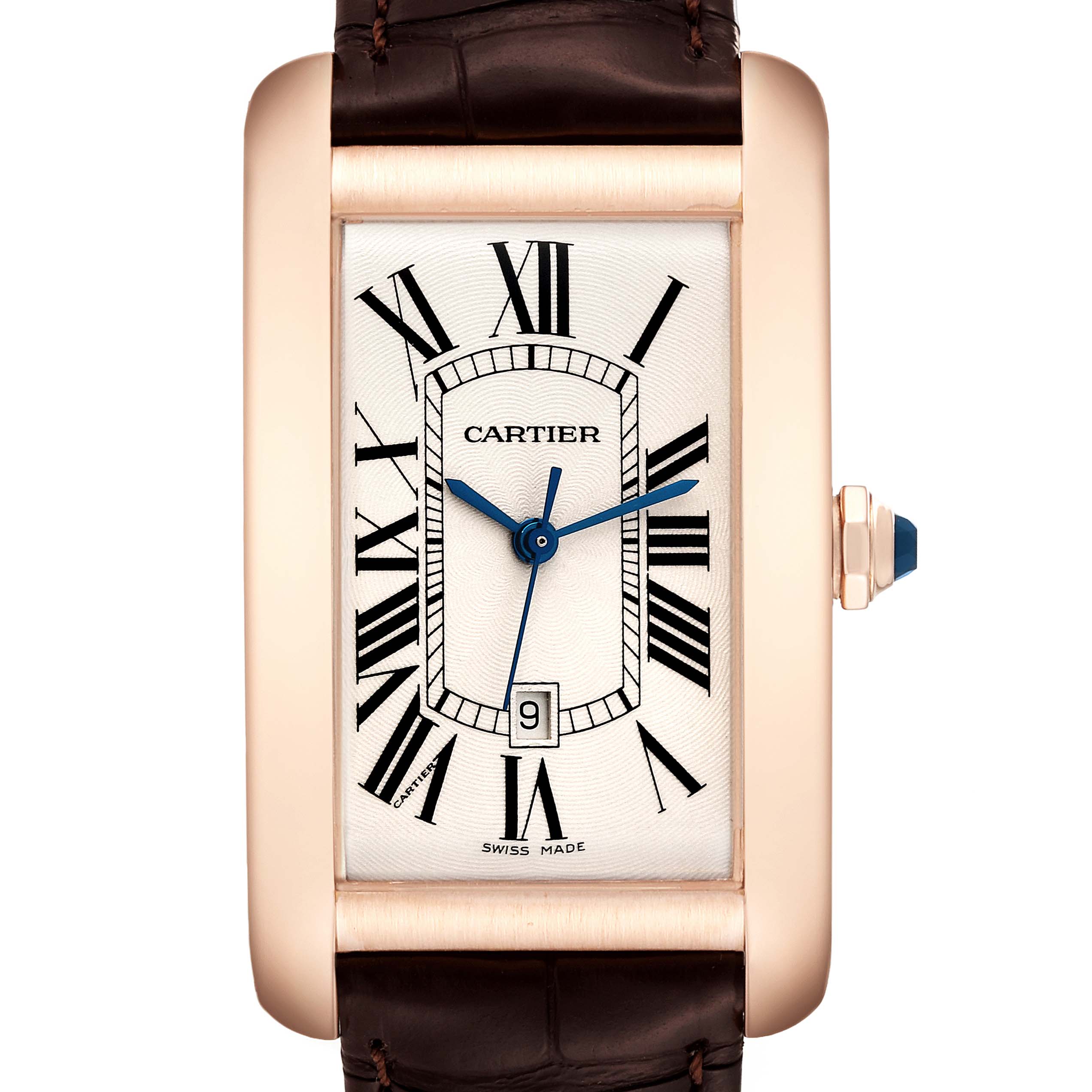 This image shows a front view of the Cartier Tank Americaine W2609156 Men
s Rose Gold Silver Dial W2609156 Men
s Rose Gold Silver Dial watch, highlighting its rectangular dial, Roman numerals, and leather strap.