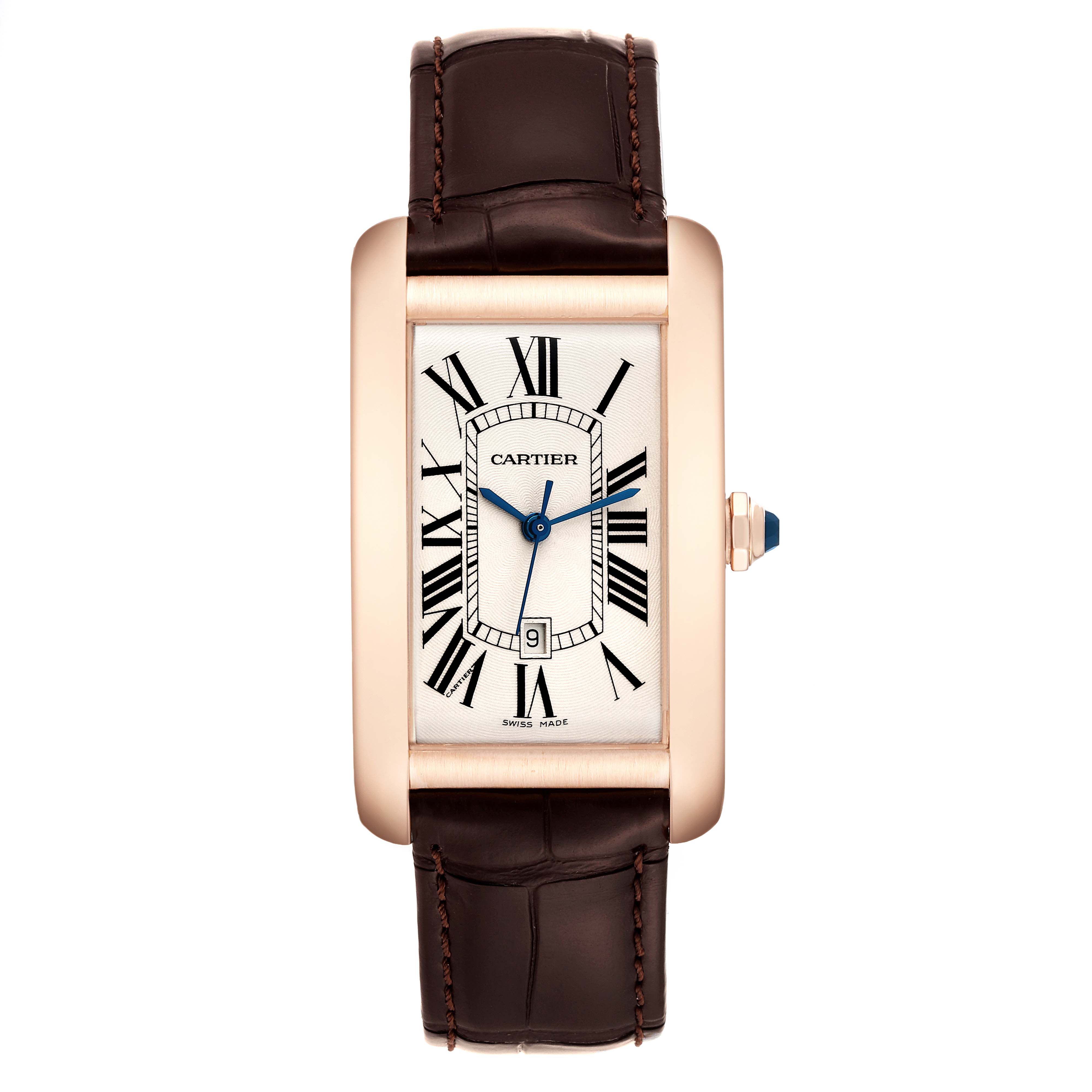 The image shows a front view of a Cartier Tank Americaine W2609156 Men
s Rose Gold Silver Dial W2609156 Men
s Rose Gold Silver Dial watch with a brown leather strap and a rectangular gold case.