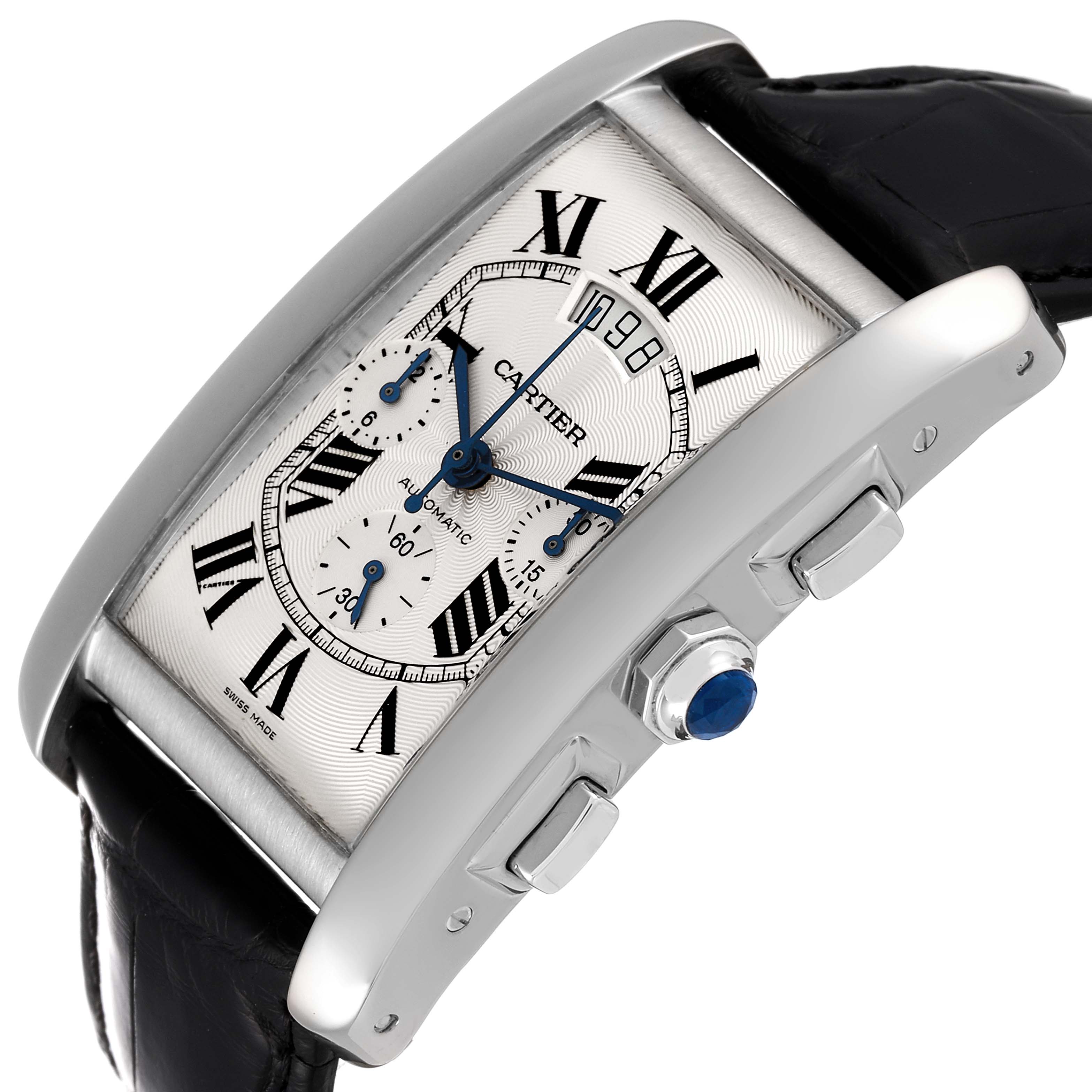 The Cartier Tank Americaine W2609456 Men's White Gold Silver Dial W2609456 Men's White Gold Silver Dial watch is shown at an angled close-up, revealing its face, crown, and chronograph pushers.